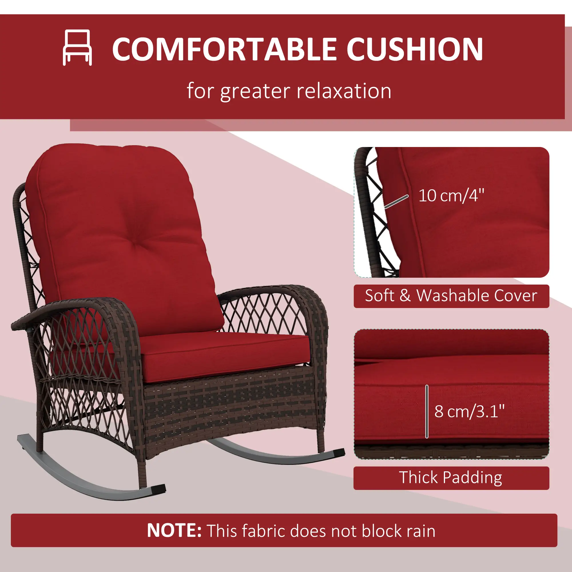 Outdoor Wicker Rattan Rocking Chair, Thick Cushions, Garden Backyard Porch, Red - Image 5