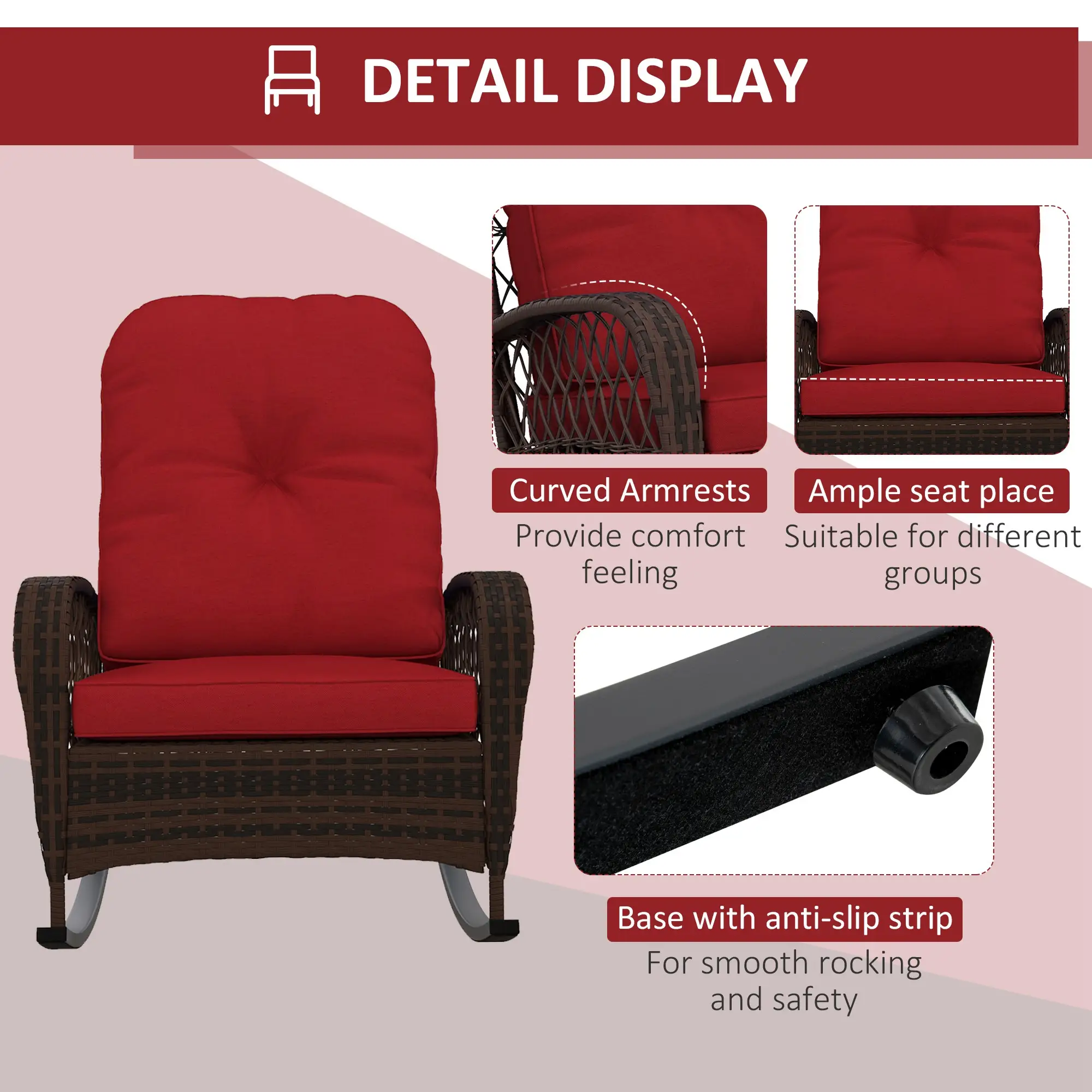 Outdoor Wicker Rattan Rocking Chair, Thick Cushions, Garden Backyard Porch, Red - Image 6