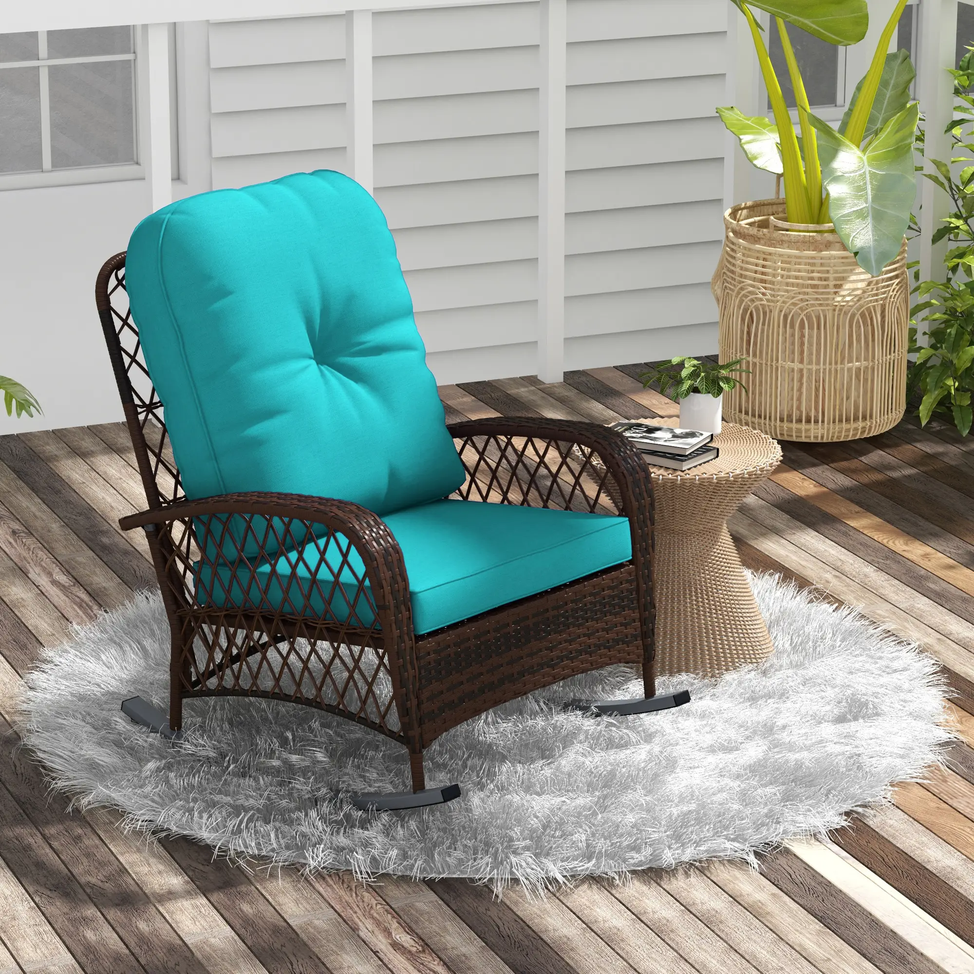 Outdoor Wicker Rattan Rocking Chair, Thick Cushions, Turquoise - Image 2