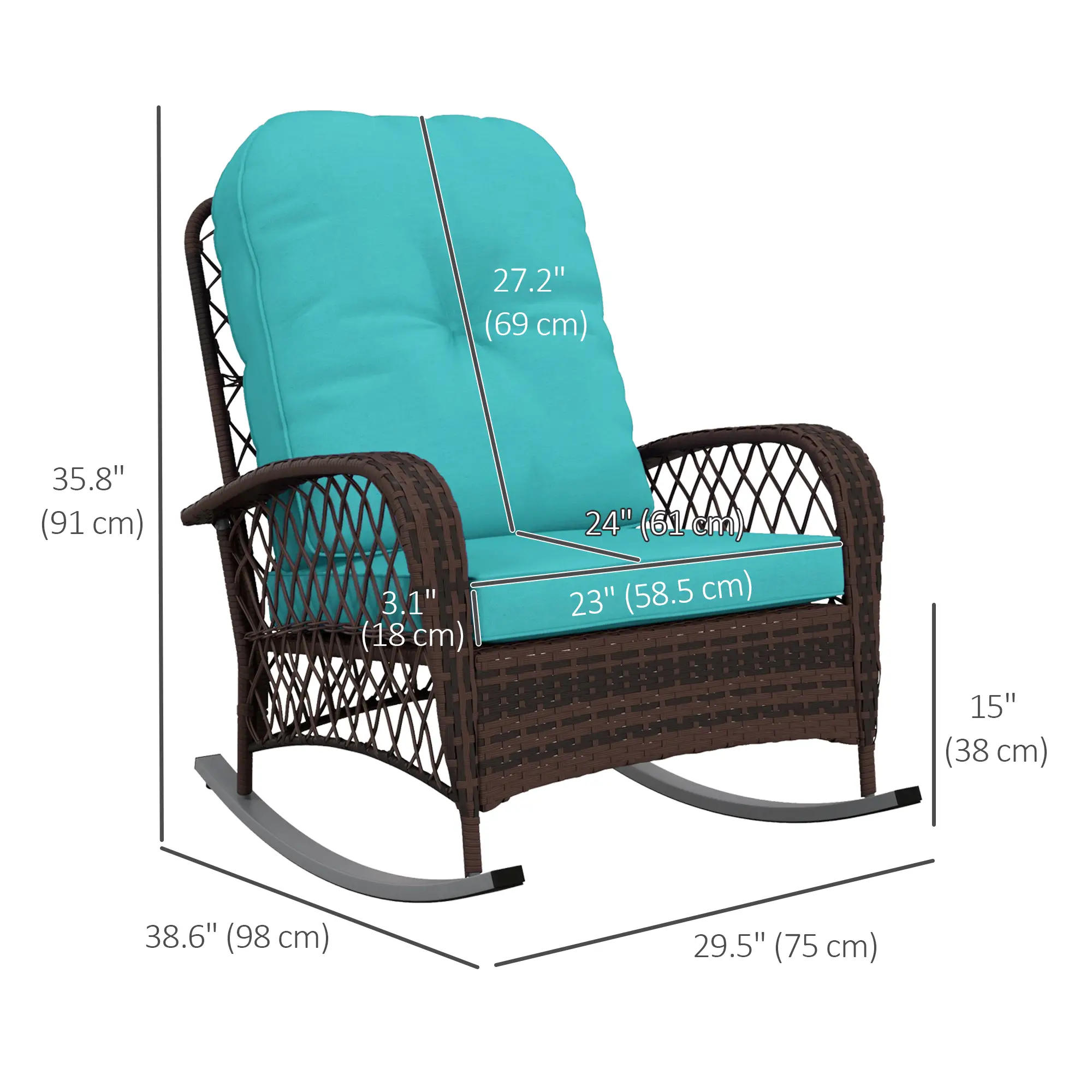 Outdoor Wicker Rattan Rocking Chair, Thick Cushions, Turquoise - Image 3