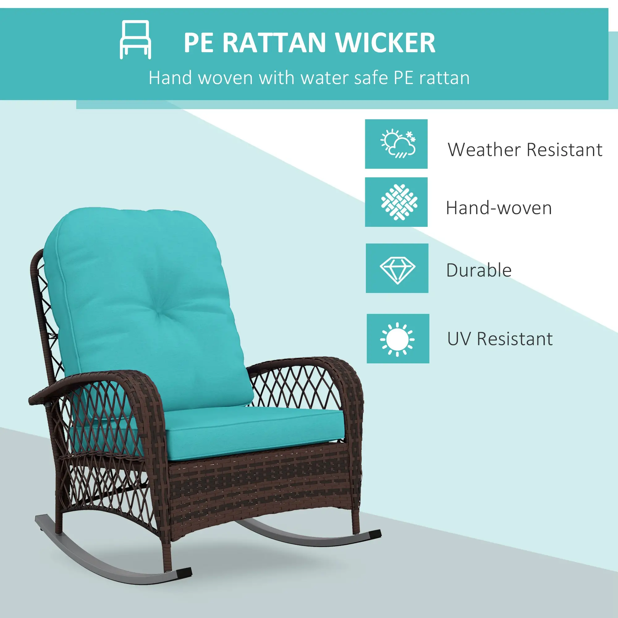 Outdoor Wicker Rattan Rocking Chair, Thick Cushions, Turquoise - Image 4