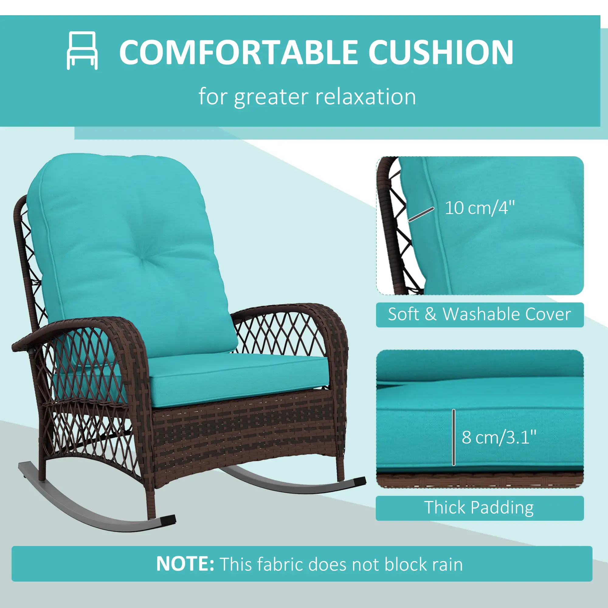 Outdoor Wicker Rattan Rocking Chair, Thick Cushions, Turquoise - Image 5