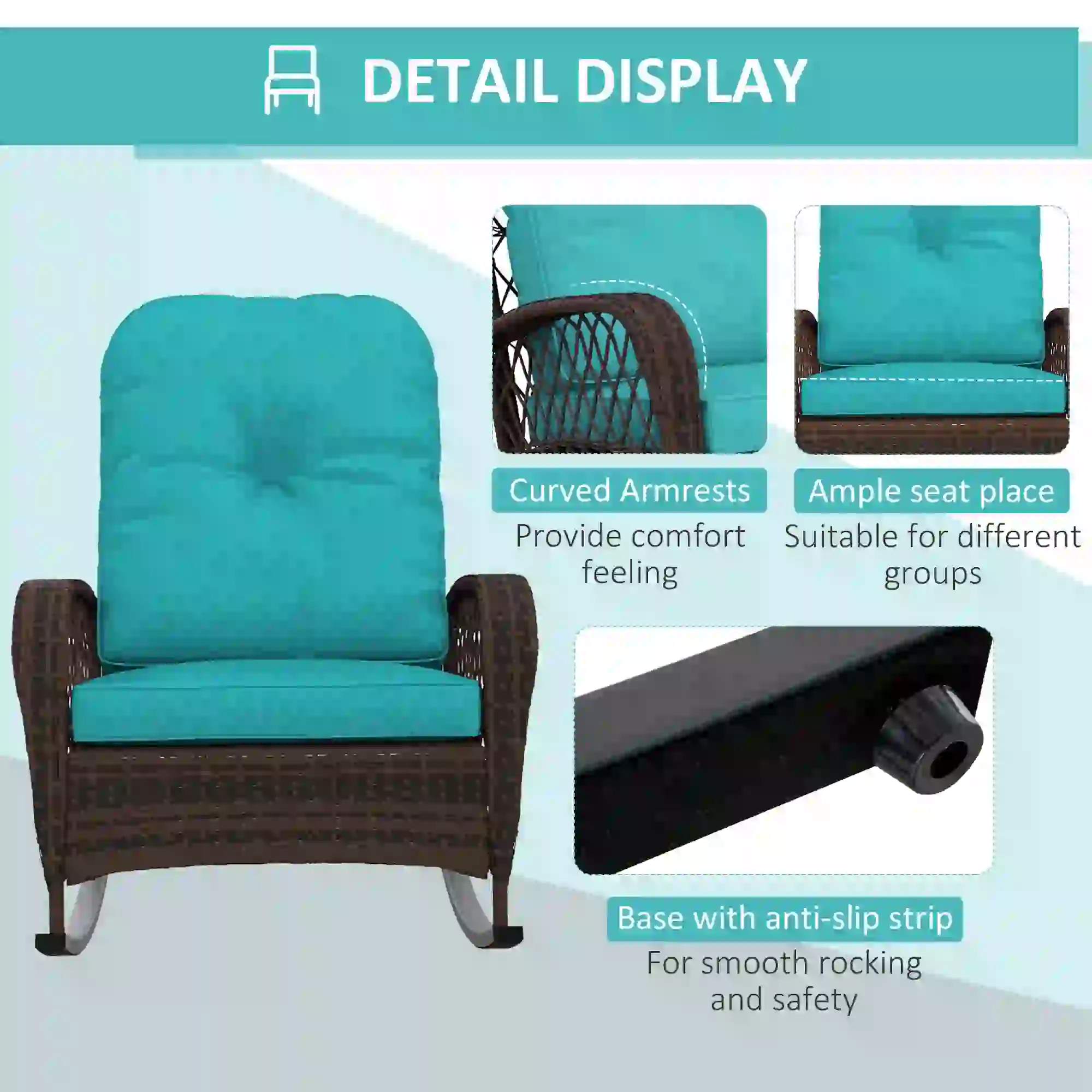 Outdoor Wicker Rattan Rocking Chair, Thick Cushions, Turquoise - Image 6