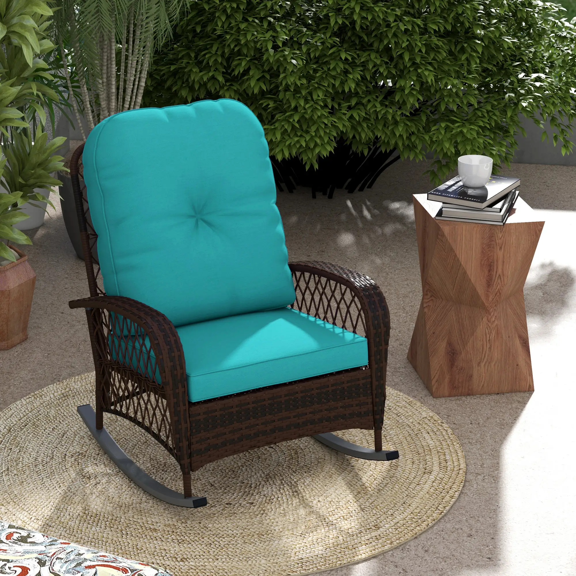 Outdoor Wicker Rattan Rocking Chair, Thick Cushions, Turquoise - Image 7