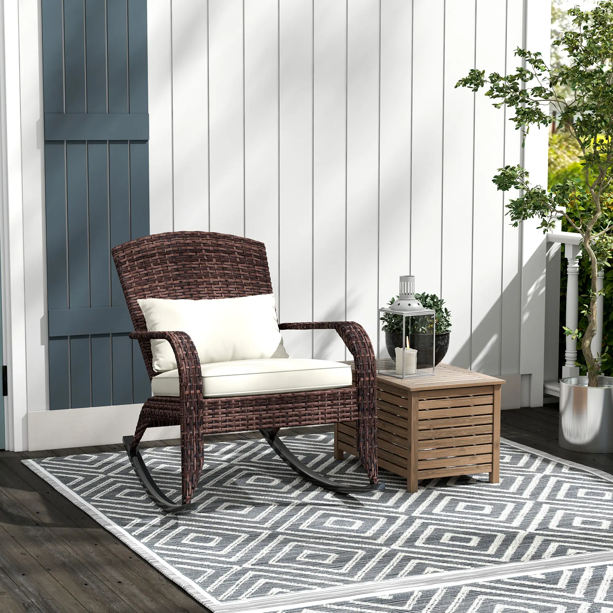 Outdoor Wicker Rocking Chair, High Back, Seat Cushion, Cream/Brown - Image 2