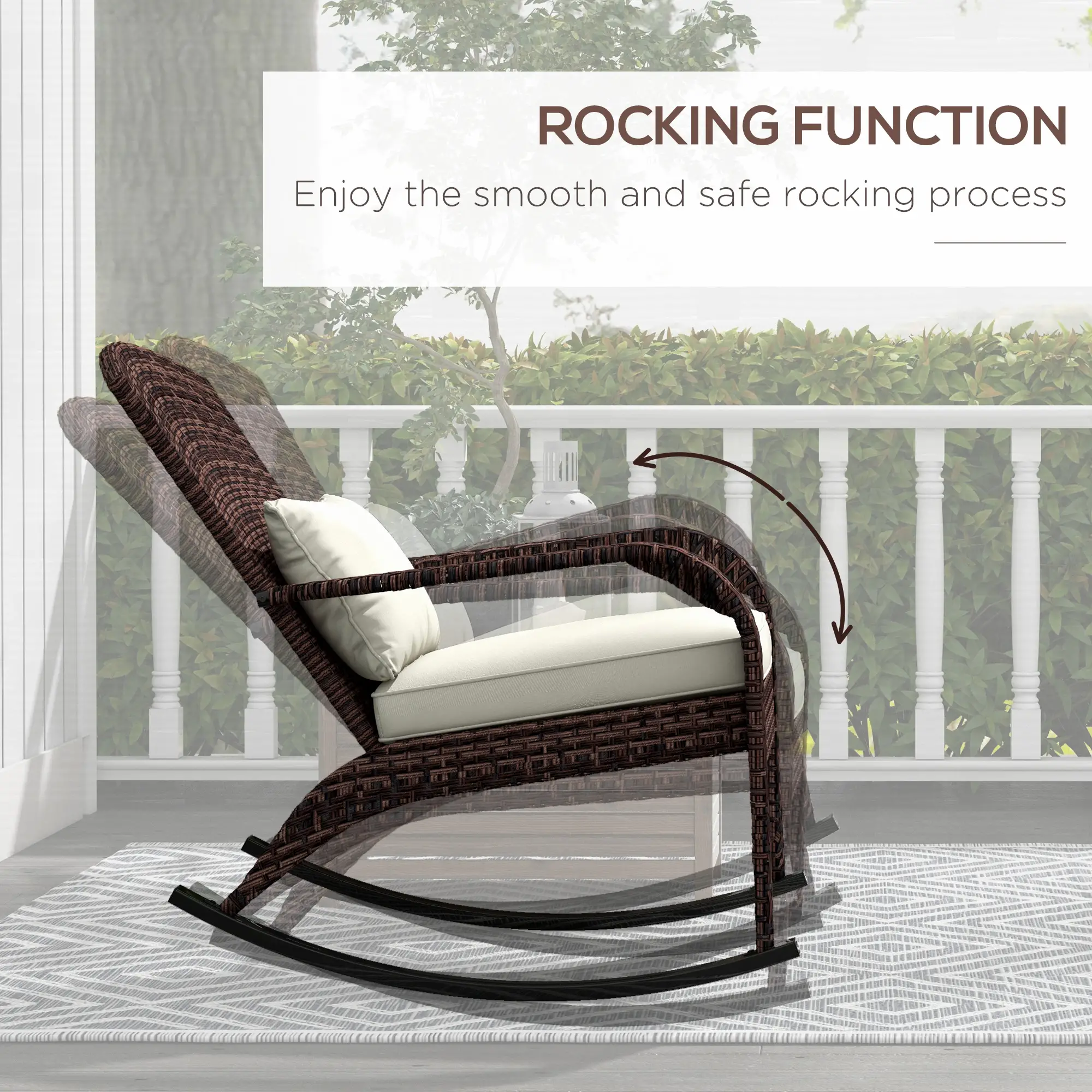 Outdoor Wicker Rocking Chair, High Back, Seat Cushion, Cream/Brown - Image 4