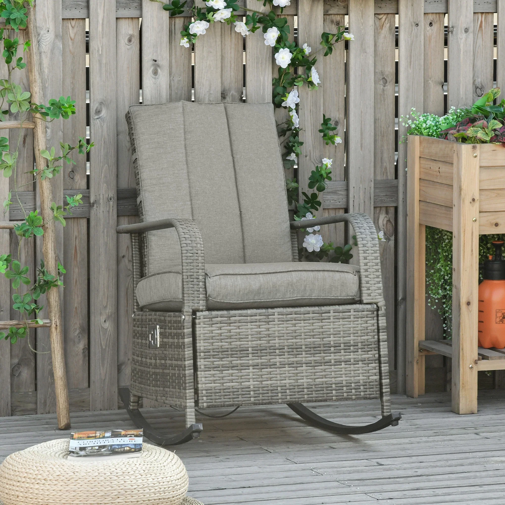 Outdoor Wicker Rocking Chair with Cushion, Adjustable Footrest, Grey - Image 2