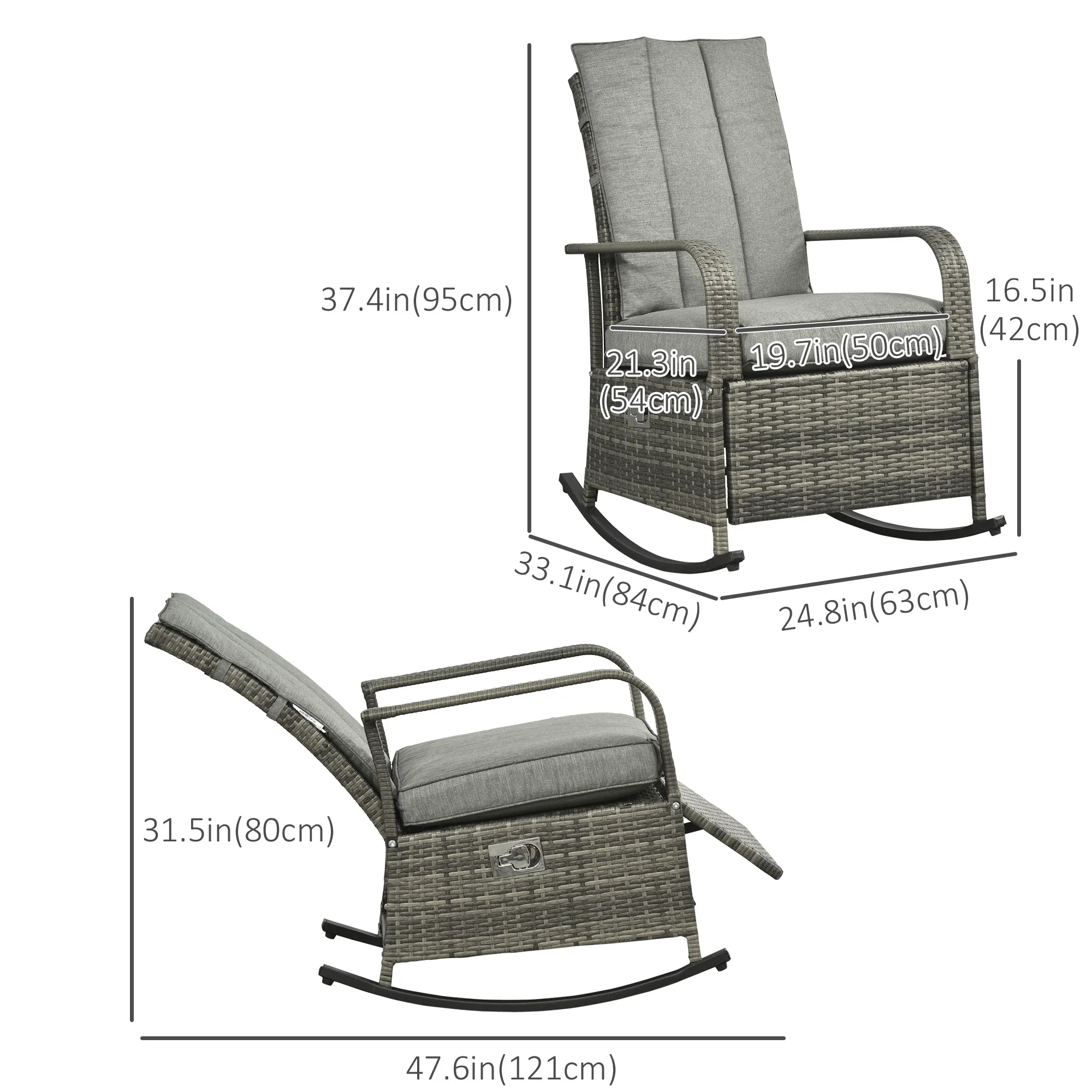 Outdoor Wicker Rocking Chair with Cushion, Adjustable Footrest, Grey - Image 3