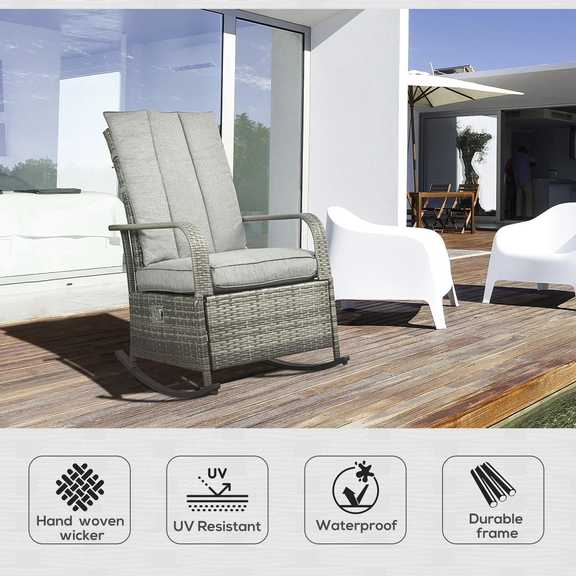 Outdoor Wicker Rocking Chair with Cushion, Adjustable Footrest, Grey - Image 4