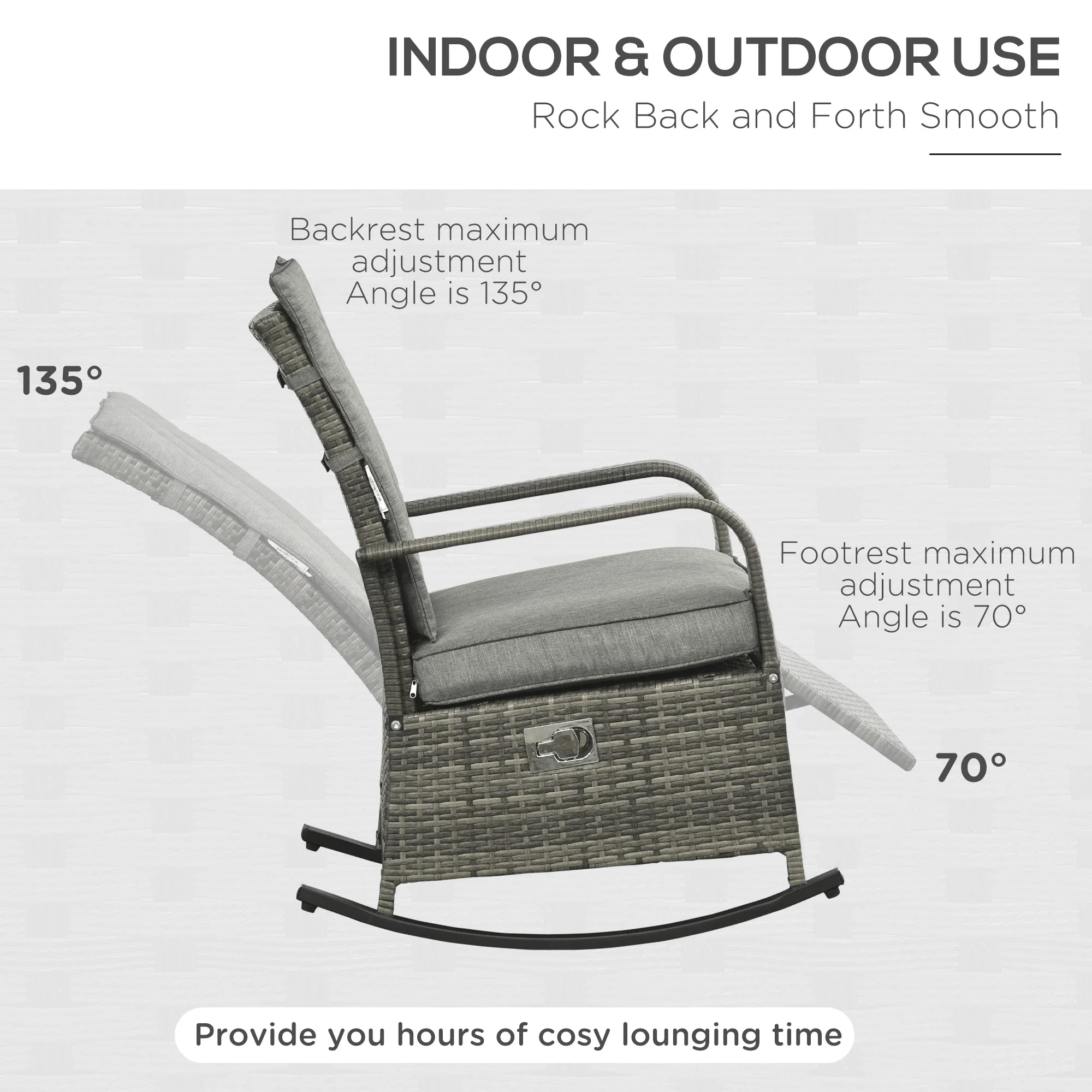 Outdoor Wicker Rocking Chair with Cushion, Adjustable Footrest, Grey - Image 5
