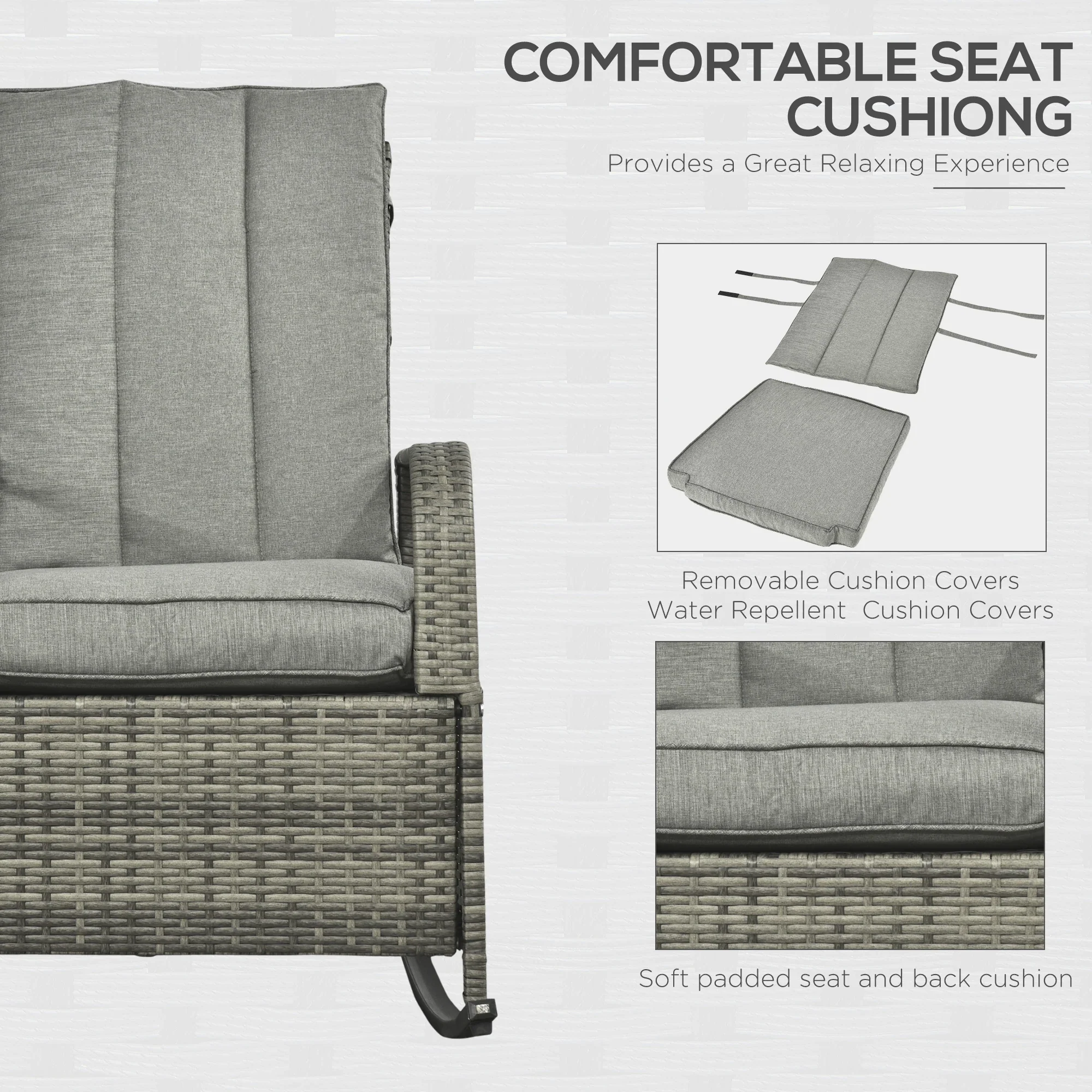 Outdoor Wicker Rocking Chair with Cushion, Adjustable Footrest, Grey - Image 6