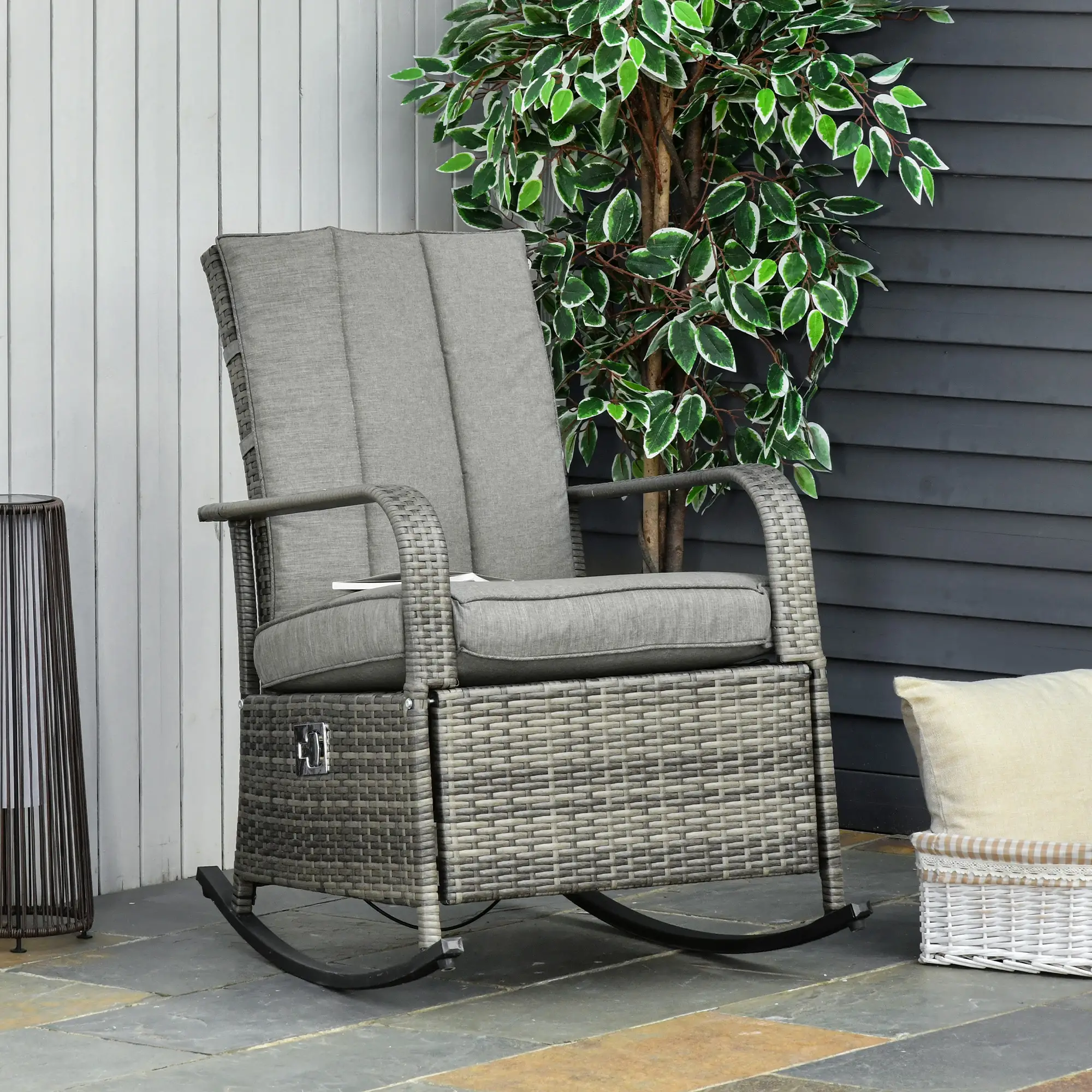 Outdoor Wicker Rocking Chair with Cushion, Adjustable Footrest, Grey - Image 8