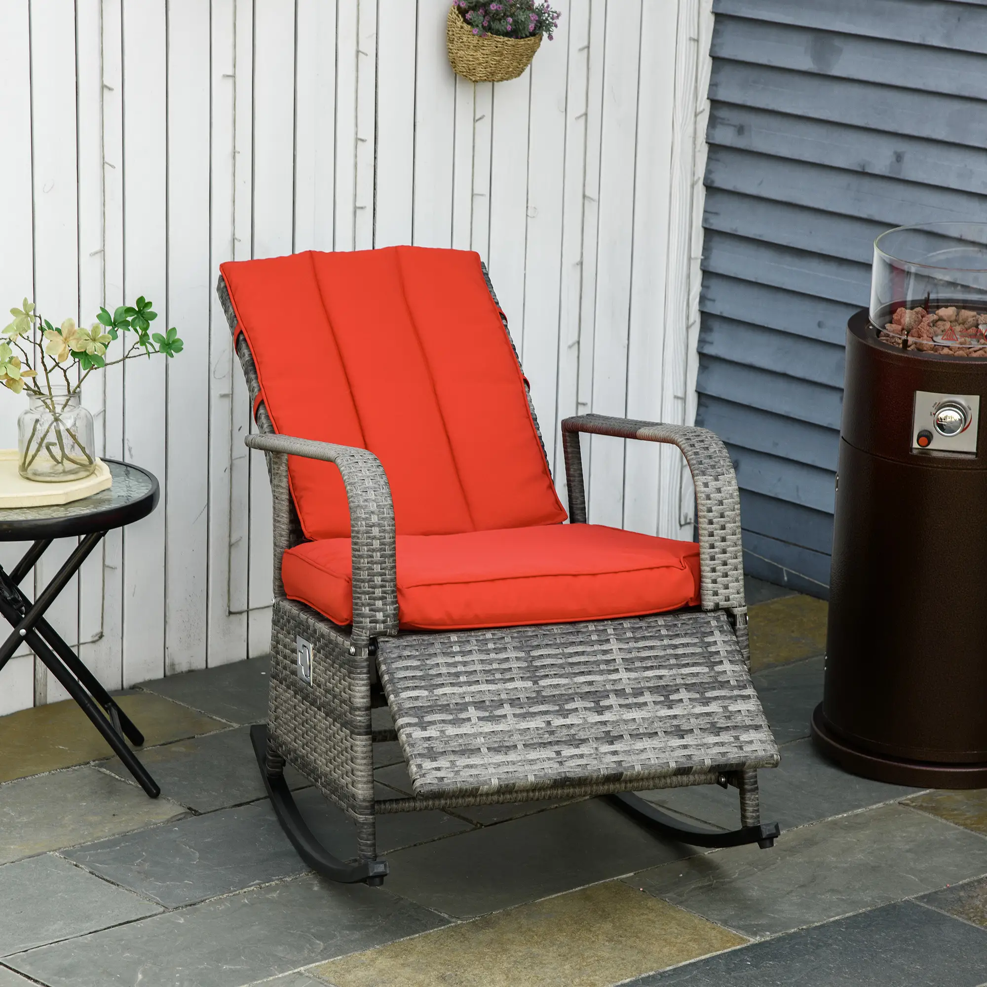 Outdoor Wicker Rocking Chair with Cushion, PE Rattan Recliner, Adjustable Footrest, Red - Image 12