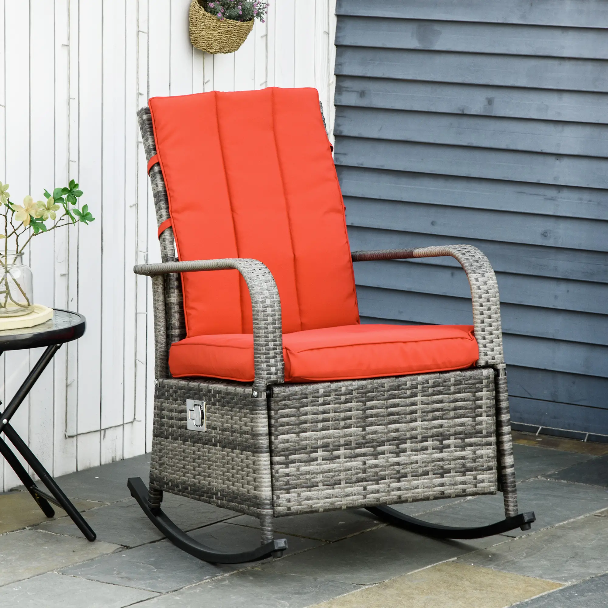 Outdoor Wicker Rocking Chair with Cushion, PE Rattan Recliner, Adjustable Footrest, Red - Image 2