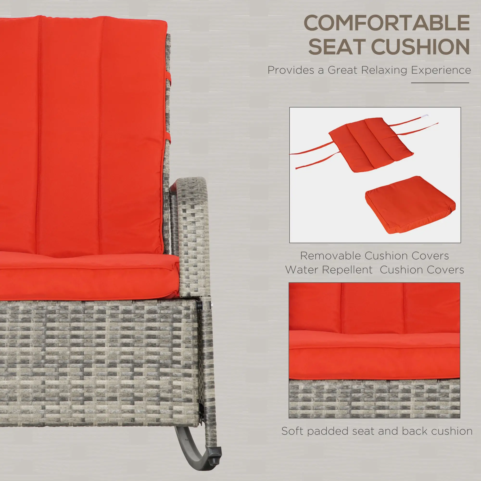 Outdoor Wicker Rocking Chair with Cushion, PE Rattan Recliner, Adjustable Footrest, Red - Image 6