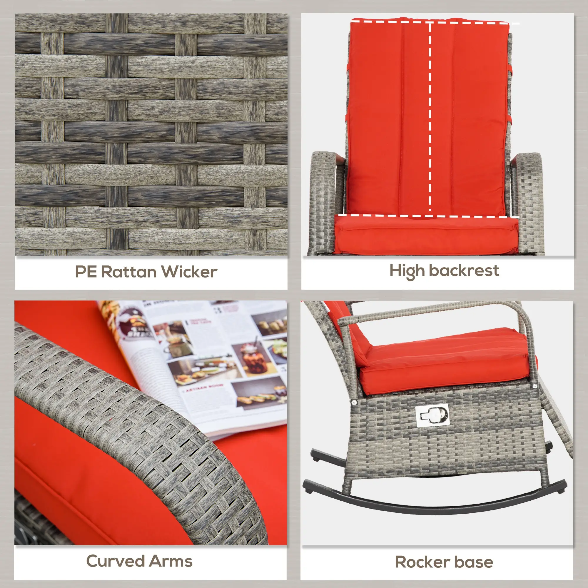 Outdoor Wicker Rocking Chair with Cushion, PE Rattan Recliner, Adjustable Footrest, Red - Image 7