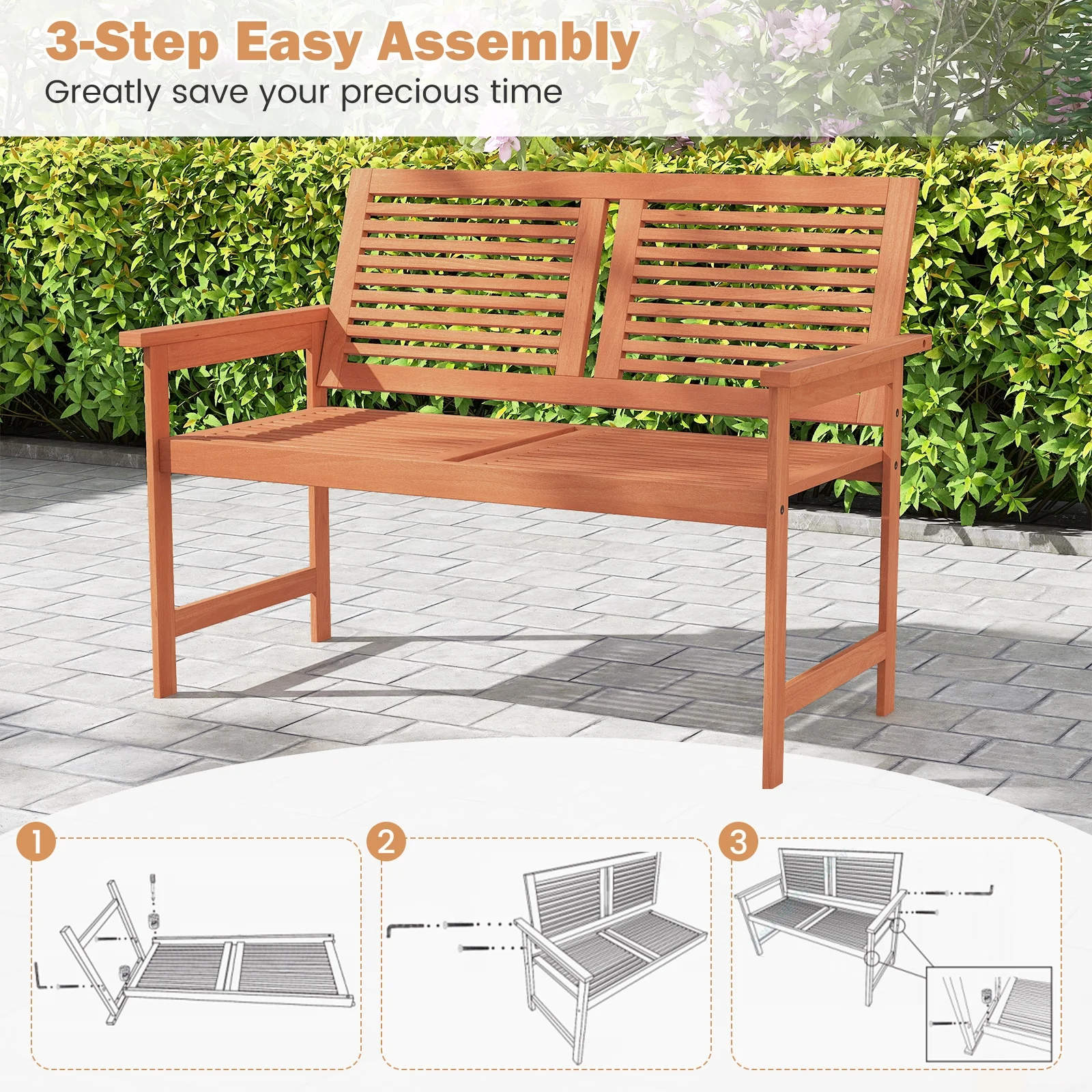 Outdoor Wooden Bench, 2-Person Patio Bench, Natural - Image 10