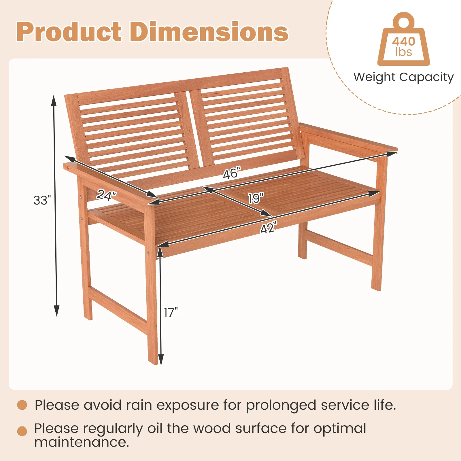 Outdoor Wooden Bench, 2-Person Patio Bench, Natural - Image 5