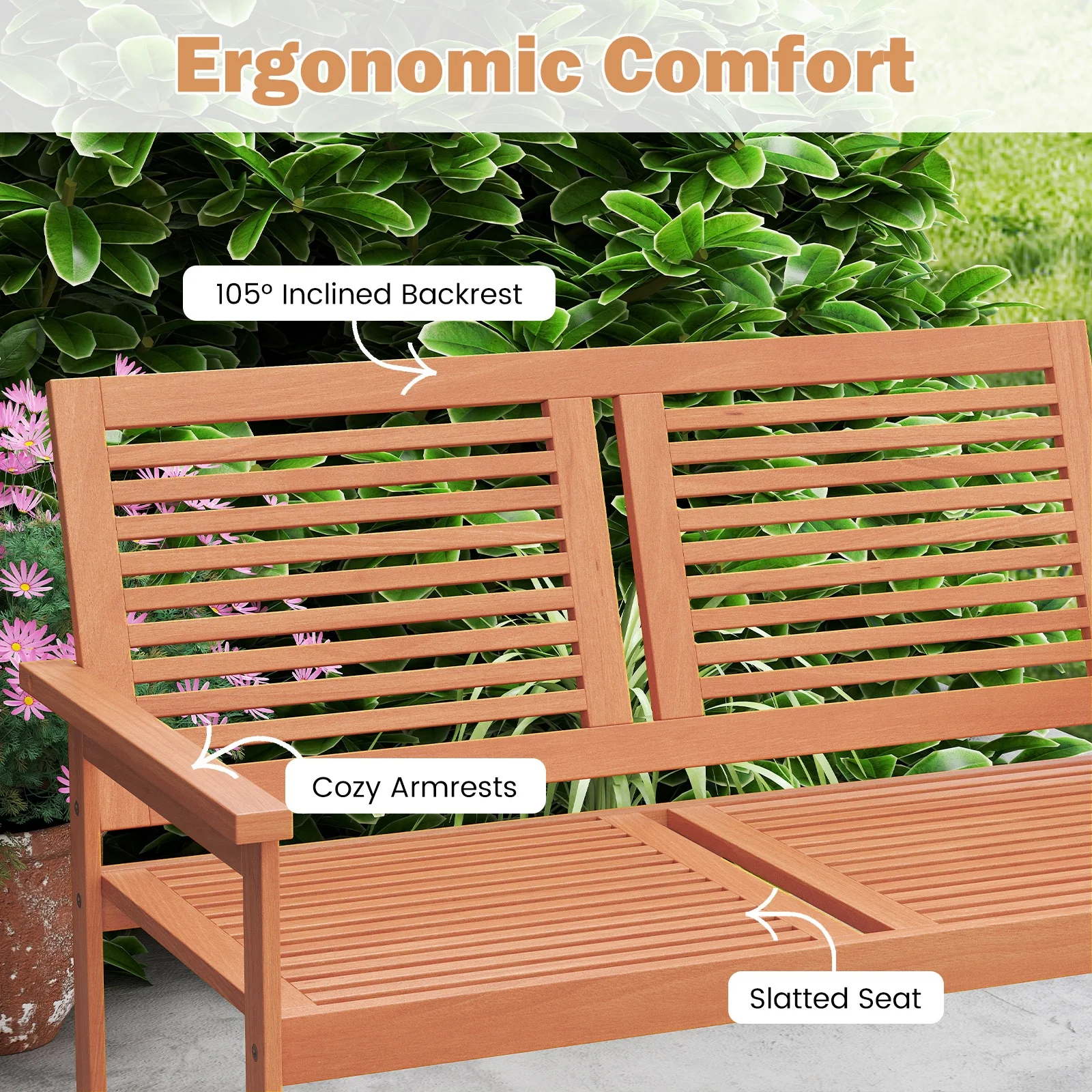 Outdoor Wooden Bench, 2-Person Patio Bench, Natural - Image 9