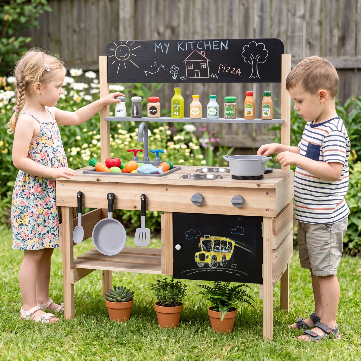 Outdoor Wooden Mud Kitchen for Kids with Sink and Stoves, Natural - Image 2