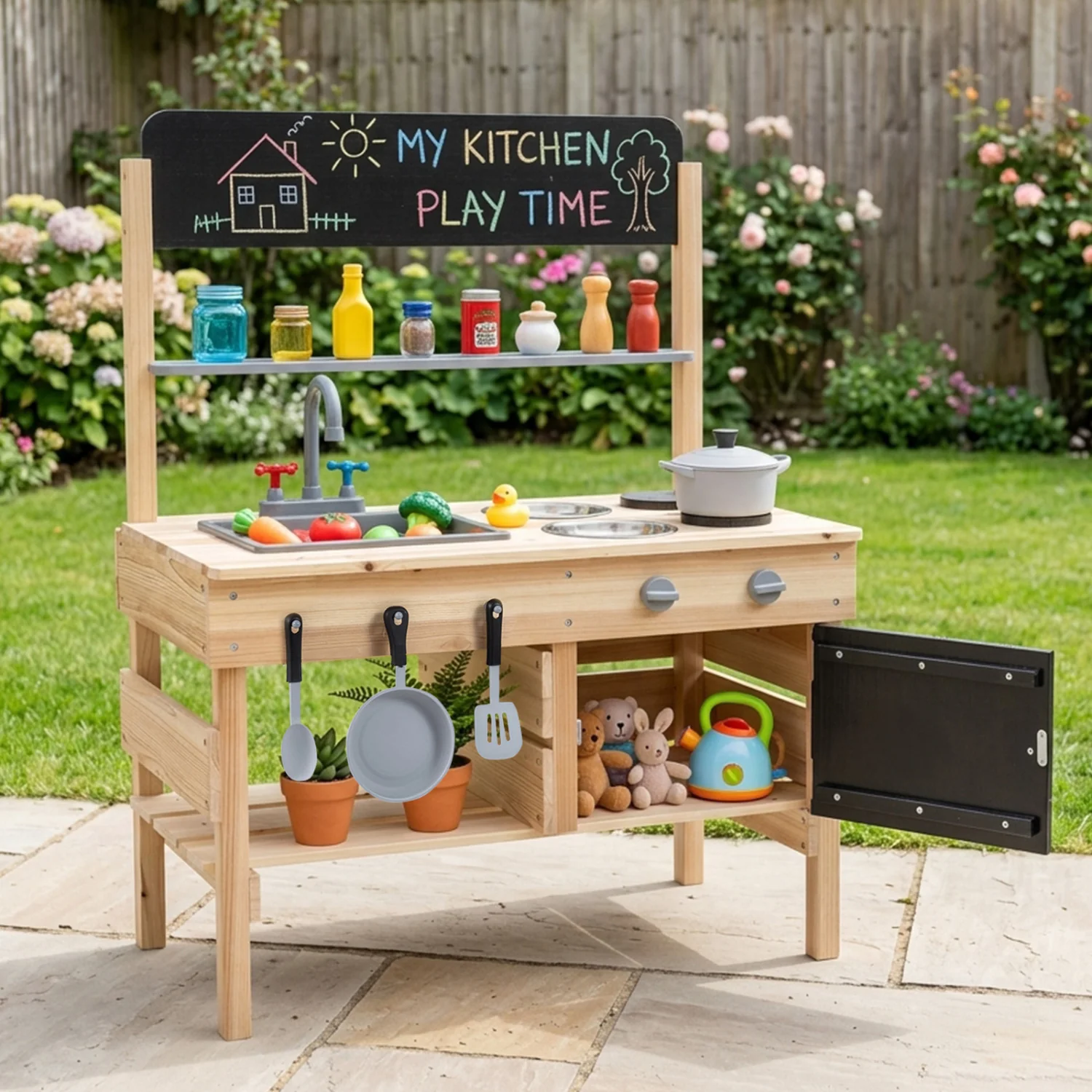 Outdoor Wooden Mud Kitchen for Kids with Sink and Stoves, Natural - Image 3
