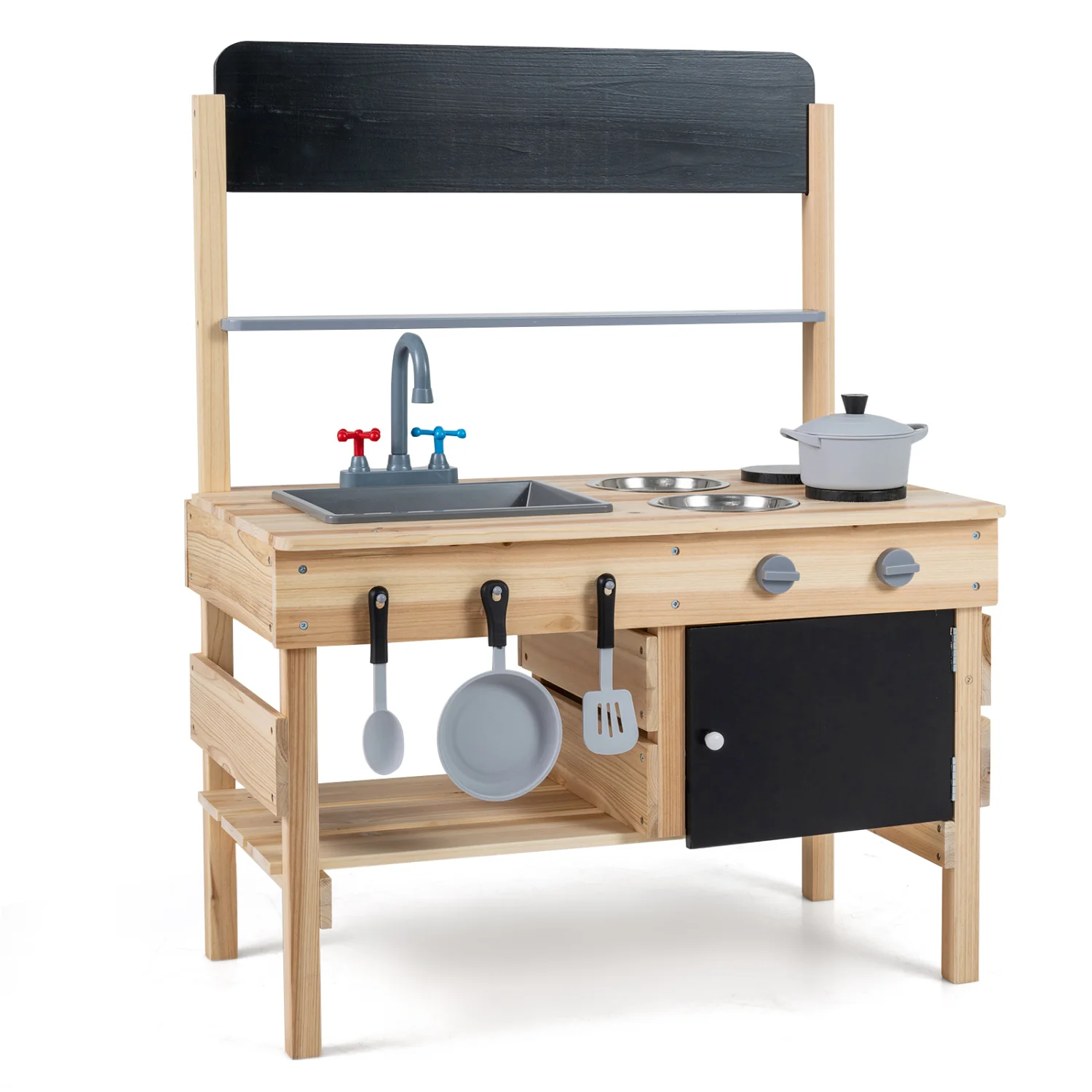 Outdoor Wooden Mud Kitchen for Kids with Sink and Stoves, Natural - Image 4