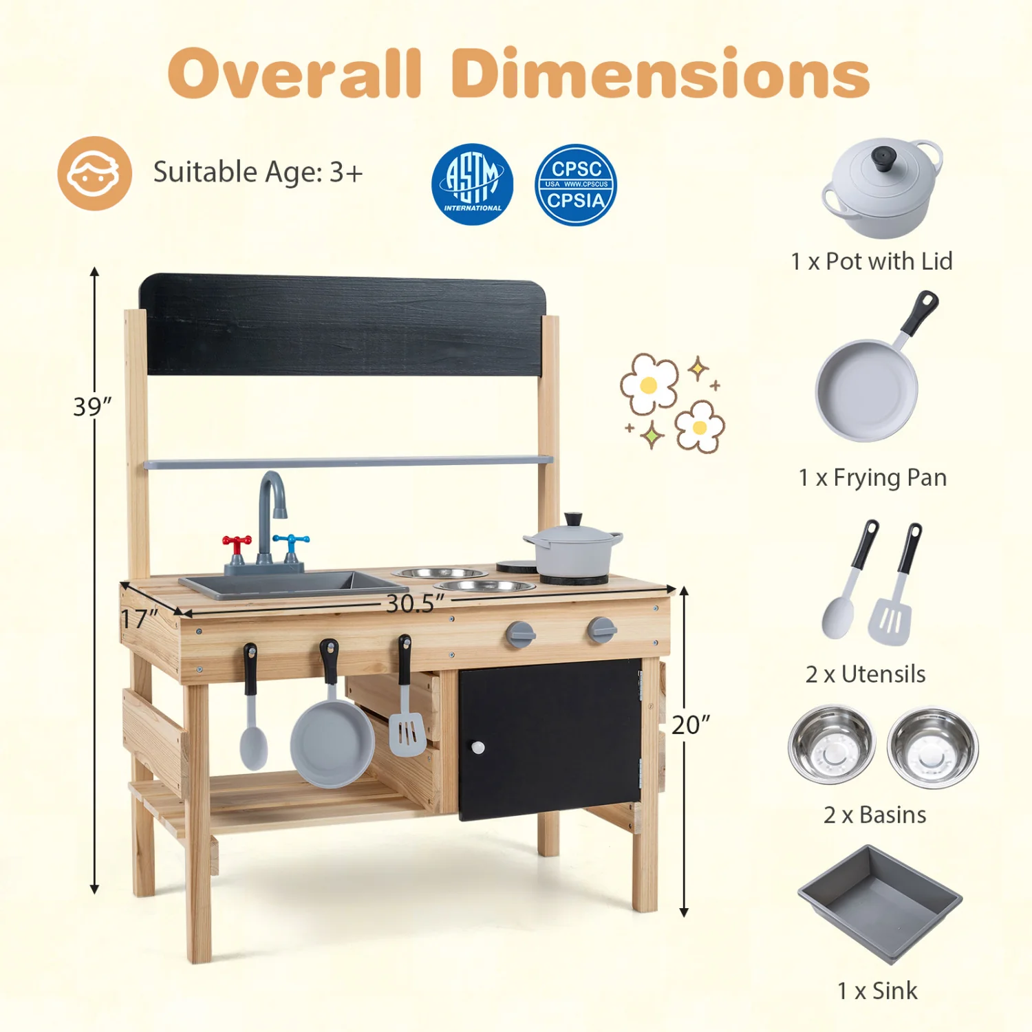 Outdoor Wooden Mud Kitchen for Kids with Sink and Stoves, Natural - Image 5