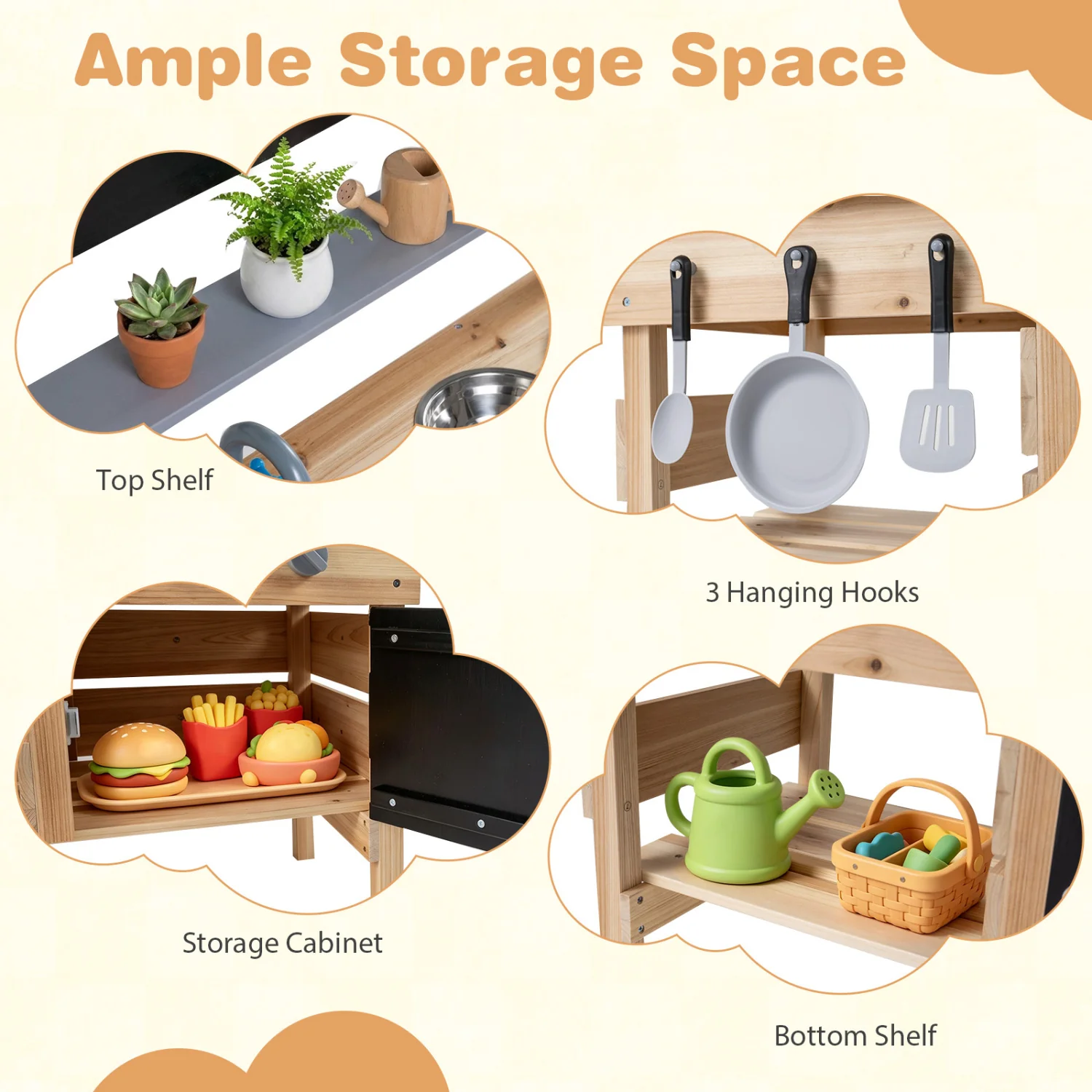 Outdoor Wooden Mud Kitchen for Kids with Sink and Stoves, Natural - Image 6