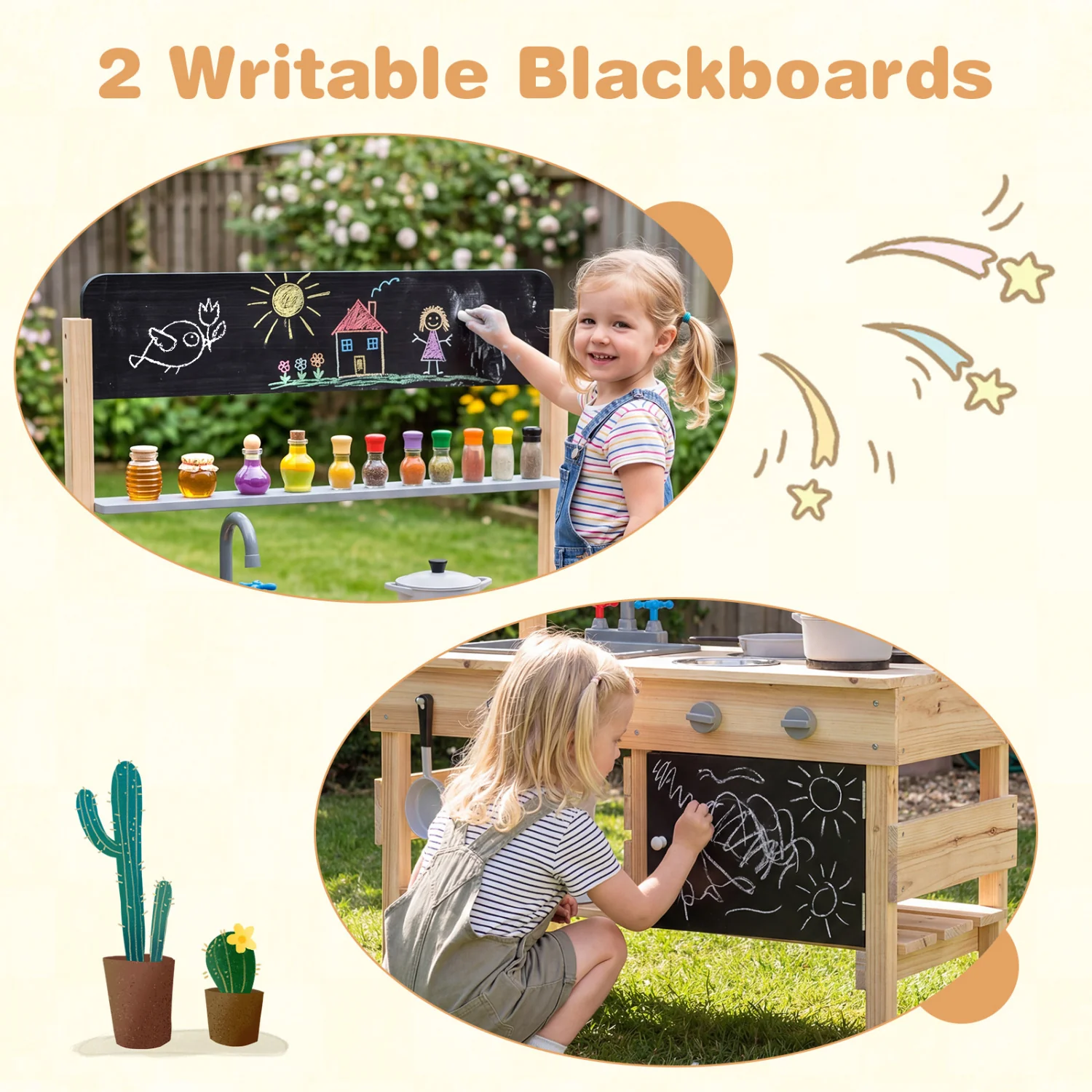 Outdoor Wooden Mud Kitchen for Kids with Sink and Stoves, Natural - Image 7