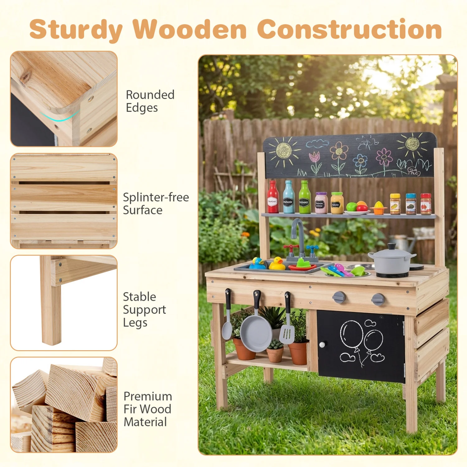 Outdoor Wooden Mud Kitchen for Kids with Sink and Stoves, Natural - Image 9