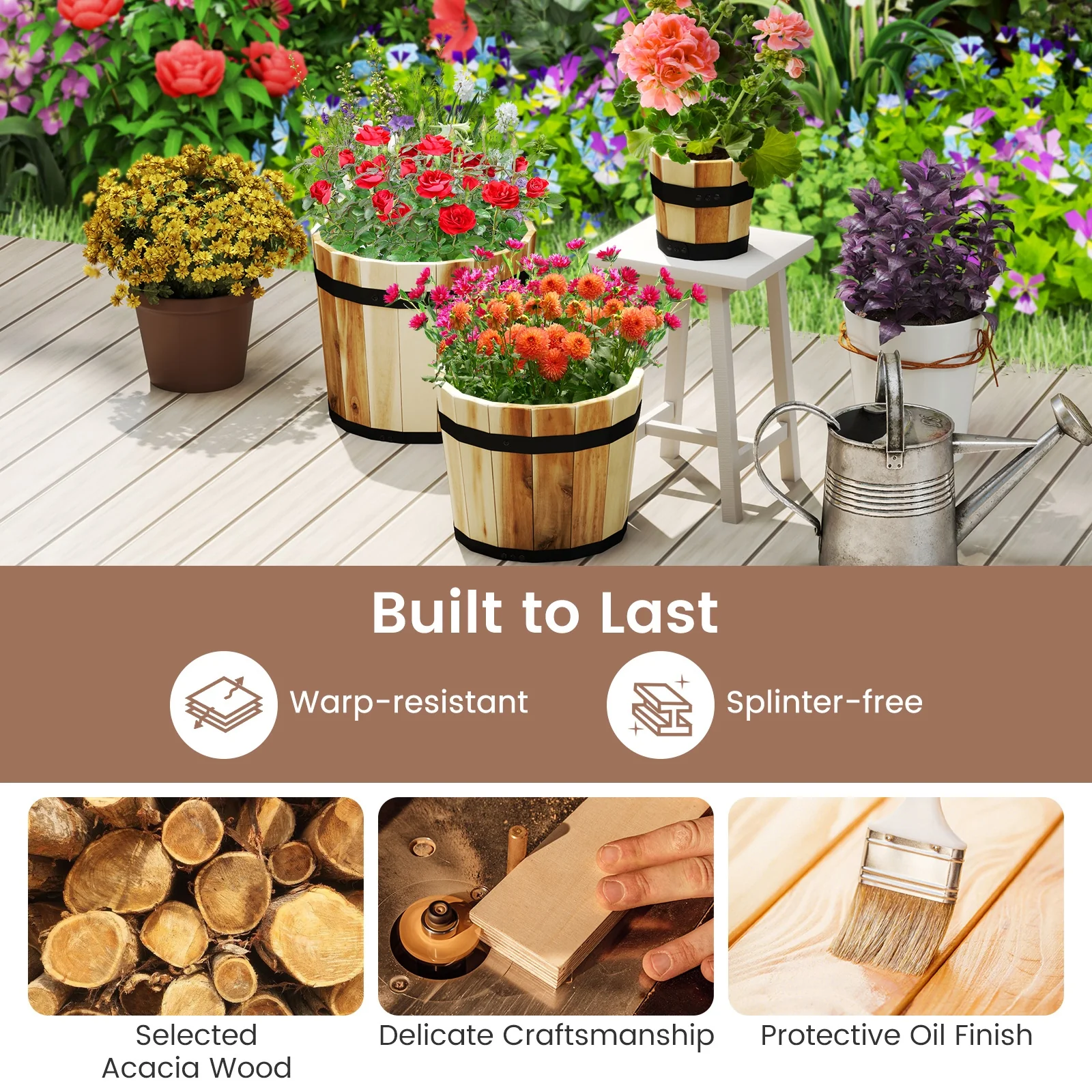 Outdoor Wooden Planter Box Set, 3 Pack, Natural - Image 7