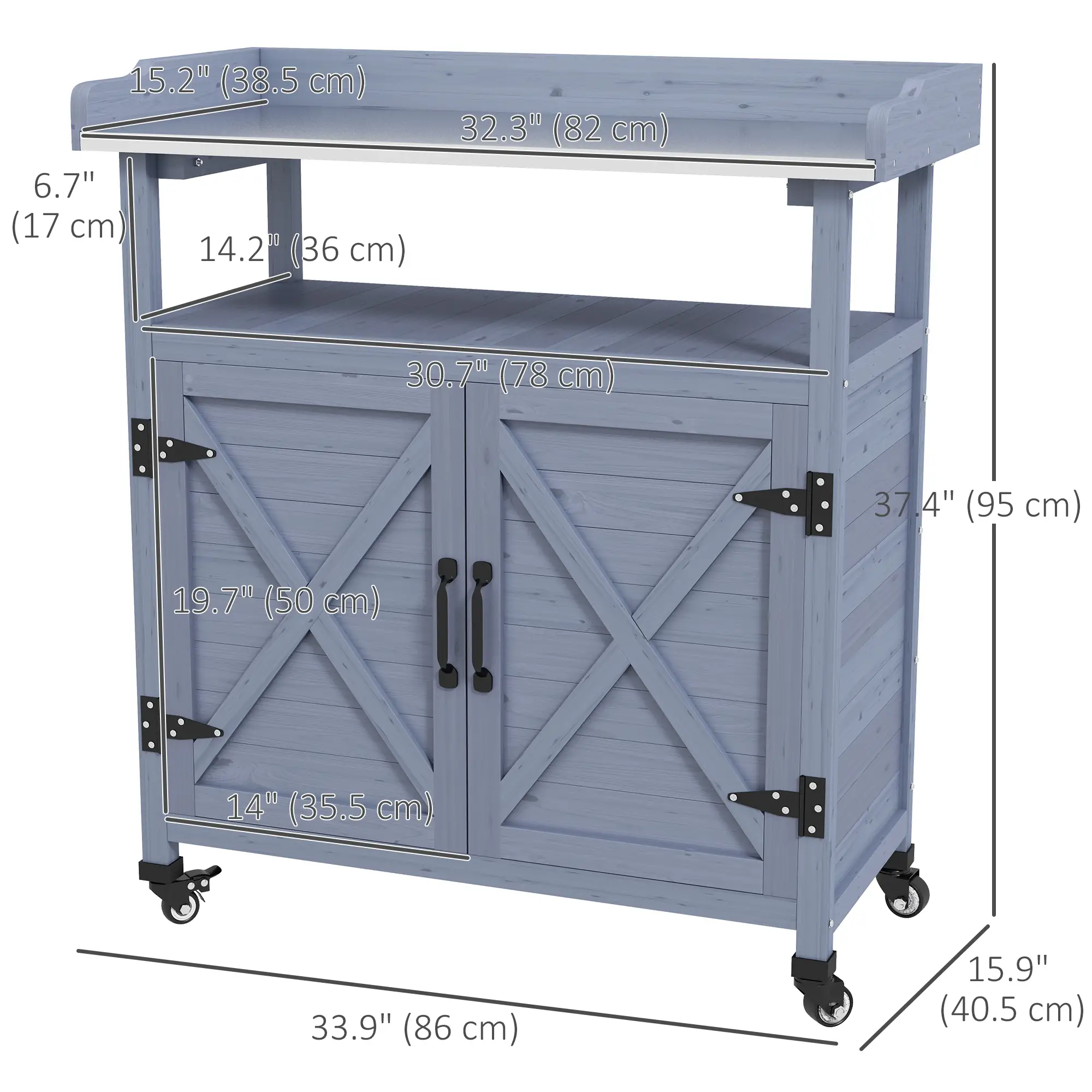 Outdoor Wooden Potting Bench, Storage Cabinet, Aluminum Tabletop, Grey - Image 3