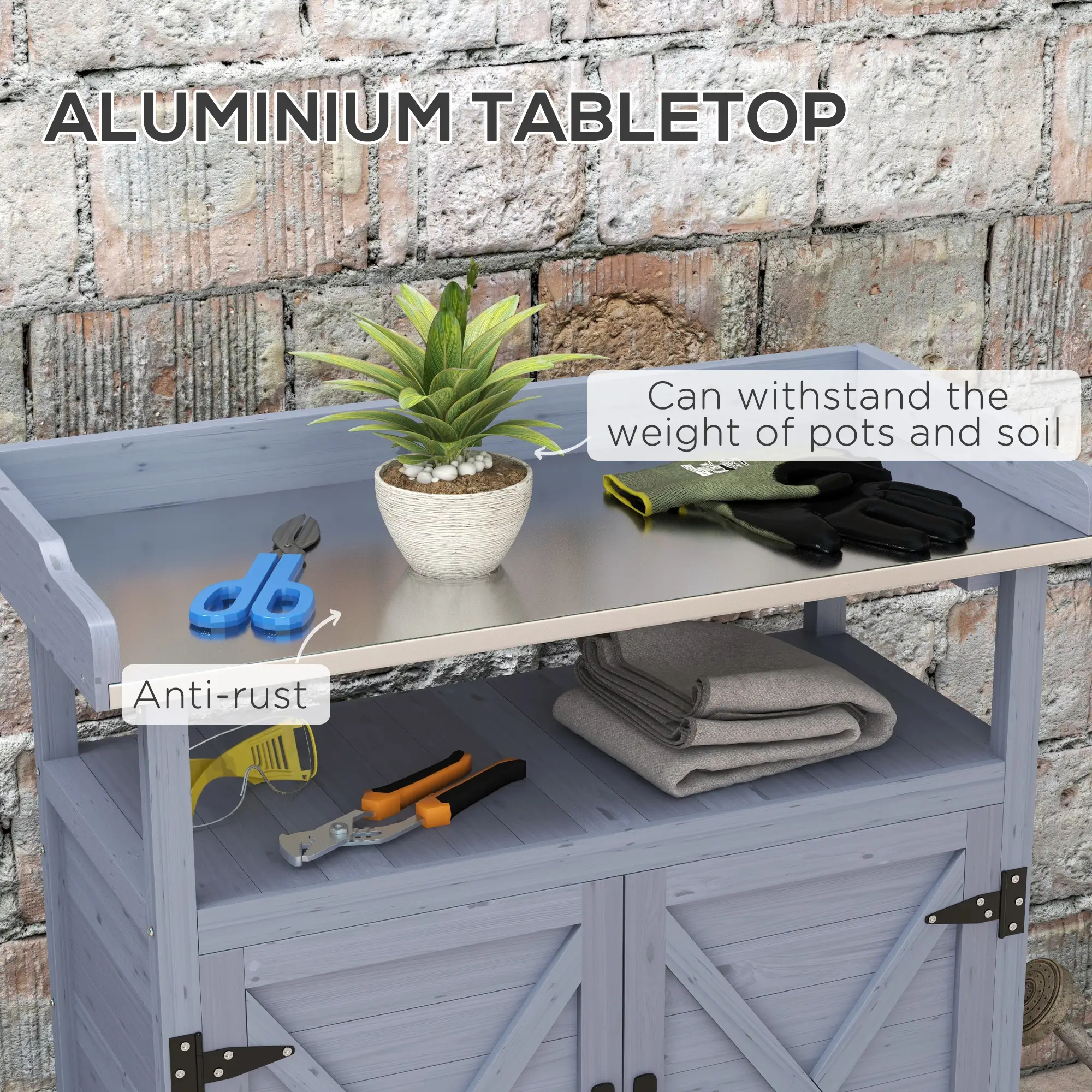 Outdoor Wooden Potting Bench, Storage Cabinet, Aluminum Tabletop, Grey - Image 4