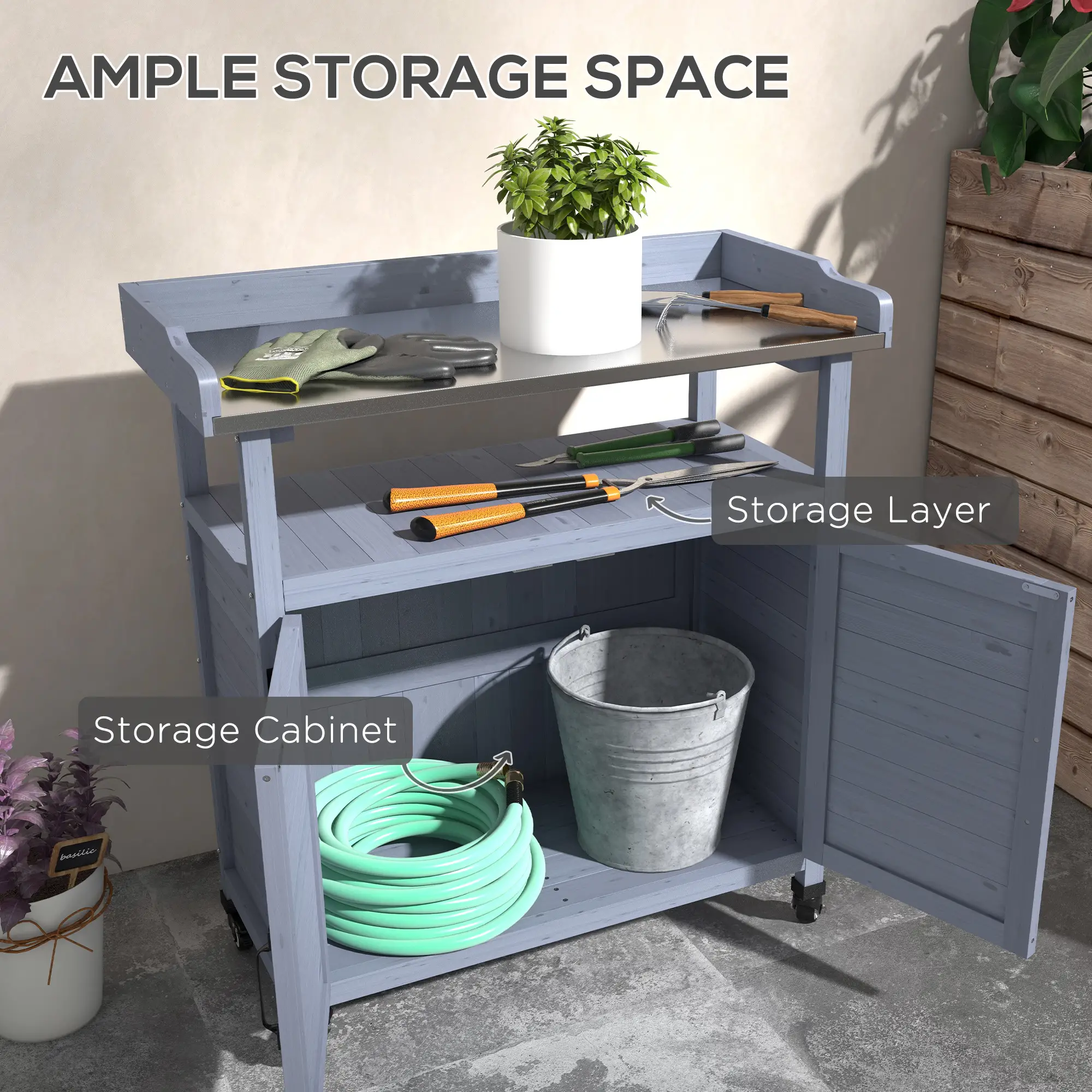 Outdoor Wooden Potting Bench, Storage Cabinet, Aluminum Tabletop, Grey - Image 6