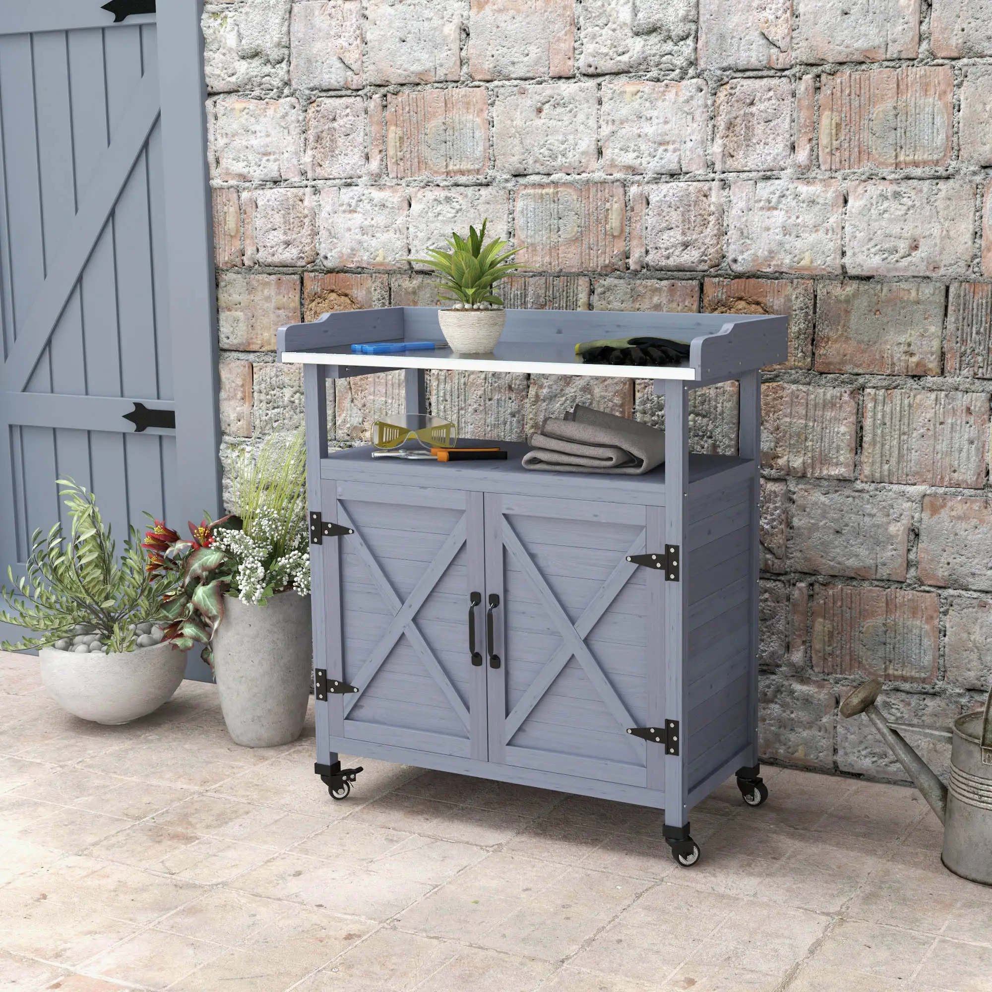 Outdoor Wooden Potting Bench, Storage Cabinet, Aluminum Tabletop, Grey - Image 8