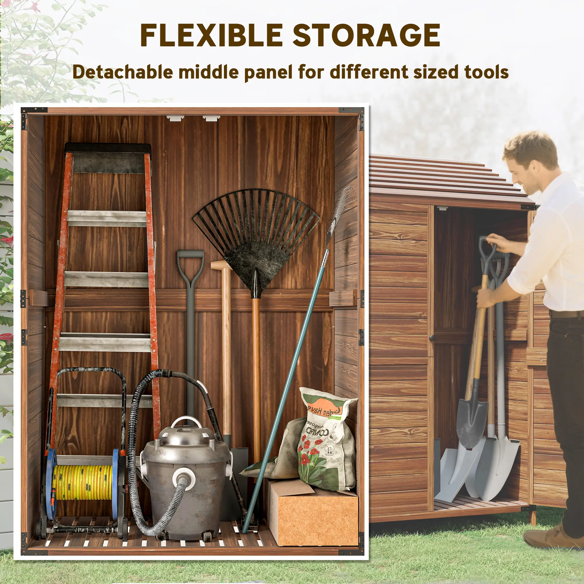 Outdoor Wooden Storage Cabinet, Double Doors with Shelves, Mixed-Brown, Brown - Image 4
