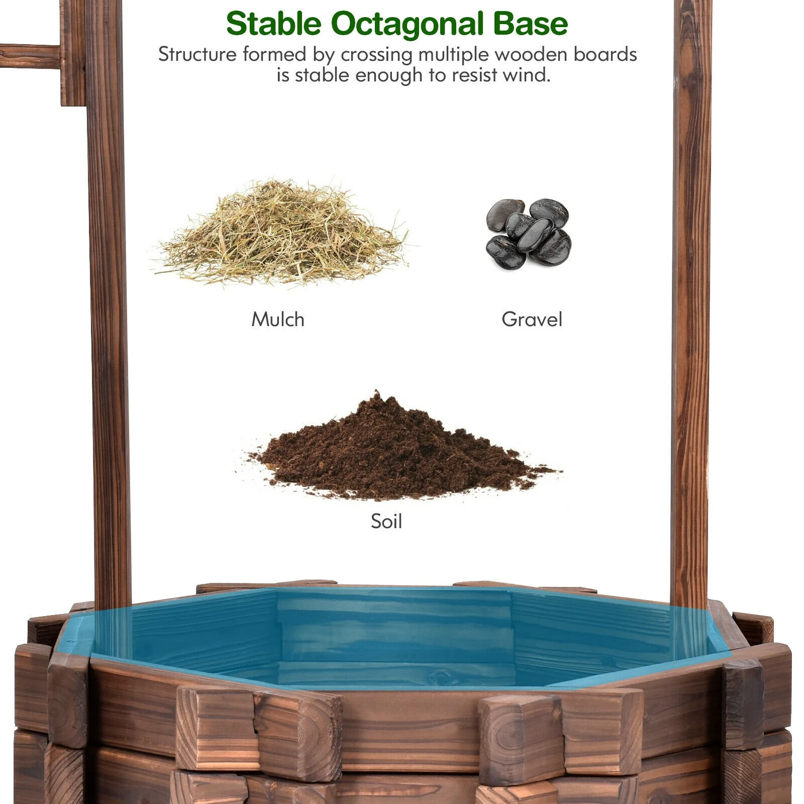 Outdoor Wooden Wishing Well Planter Bucket, Natural - Image 10
