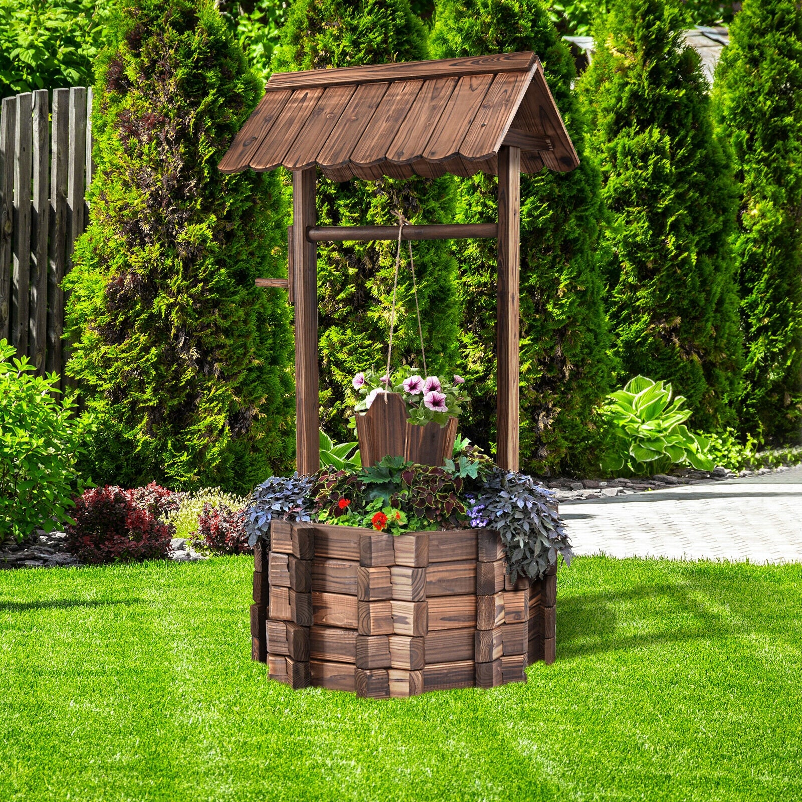 Outdoor Wooden Wishing Well Planter Bucket, Natural - Image 2