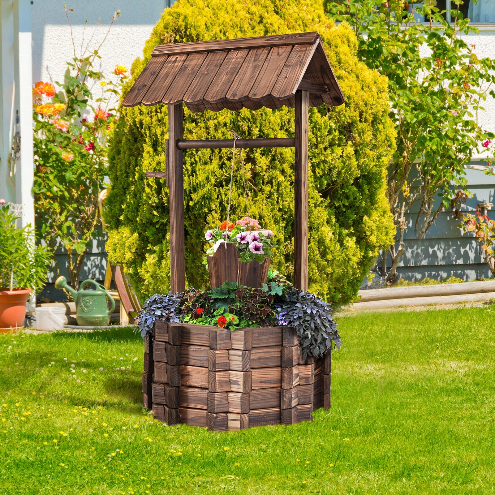 Outdoor Wooden Wishing Well Planter Bucket, Natural - Image 3