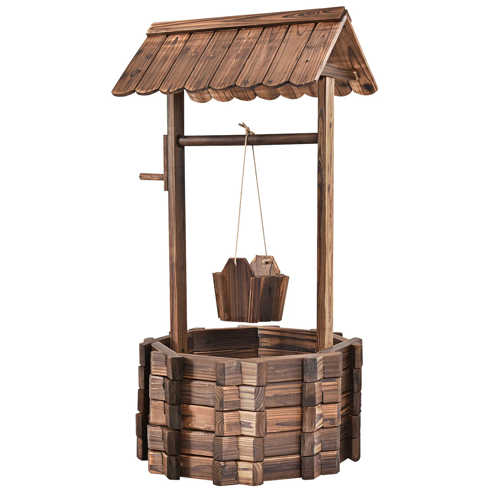 Outdoor Wooden Wishing Well Planter Bucket, Natural - Image 4