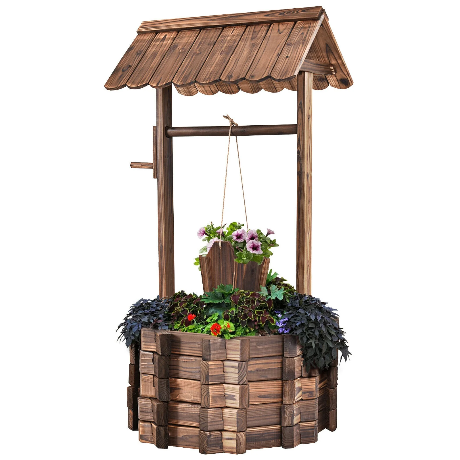 Outdoor Wooden Wishing Well Planter Bucket, Natural - Image 5