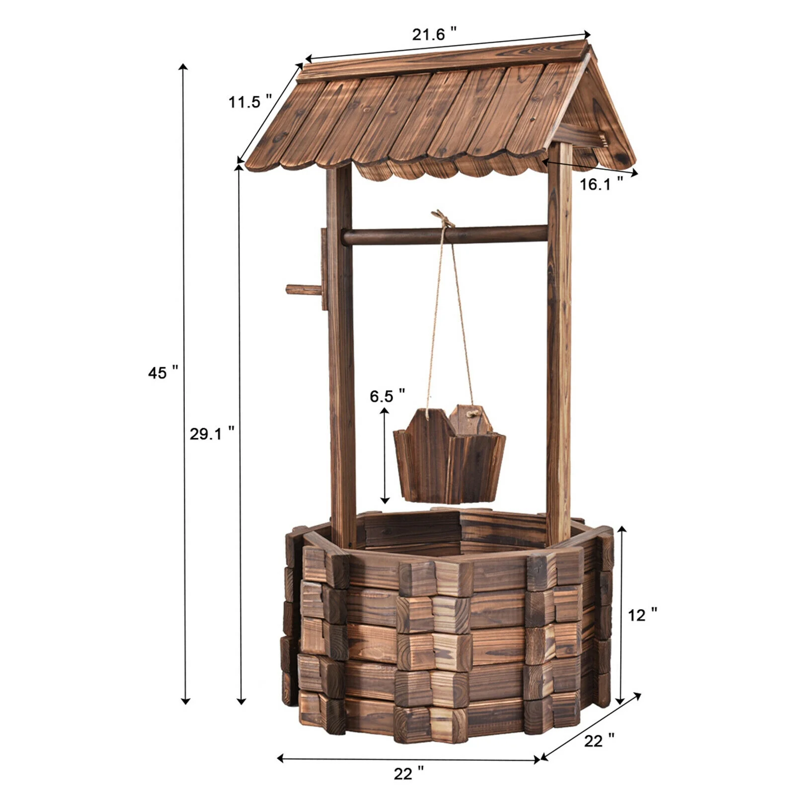 Outdoor Wooden Wishing Well Planter Bucket, Natural - Image 6