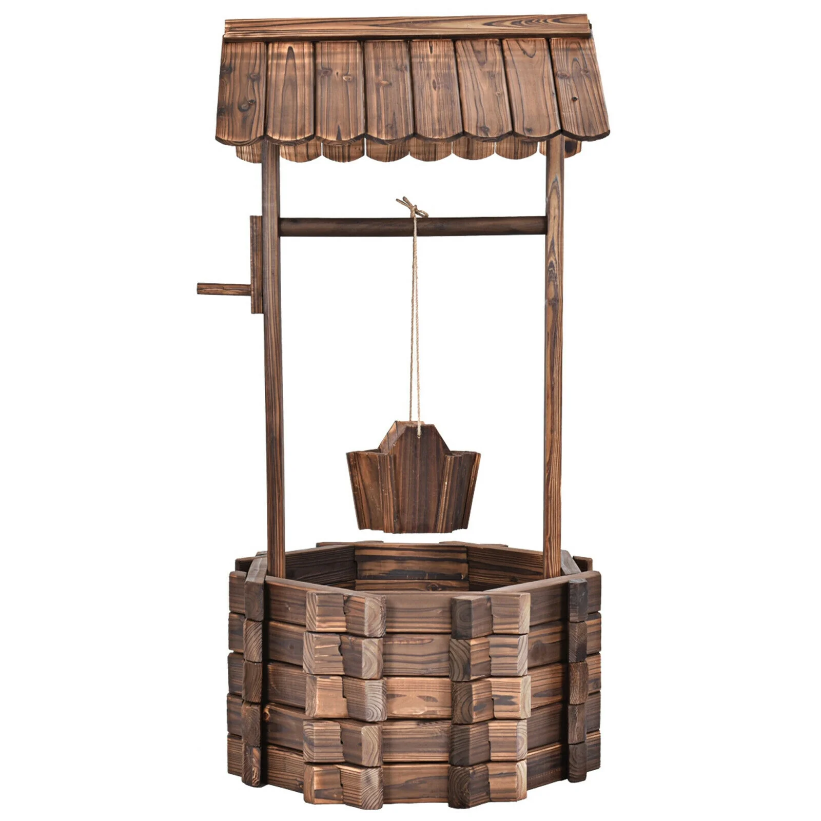 Outdoor Wooden Wishing Well Planter Bucket, Natural - Image 7