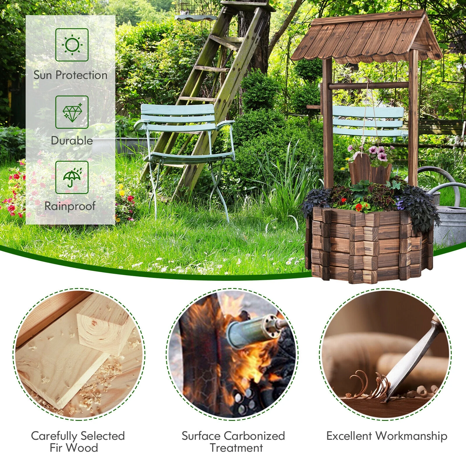 Outdoor Wooden Wishing Well Planter Bucket, Natural - Image 8
