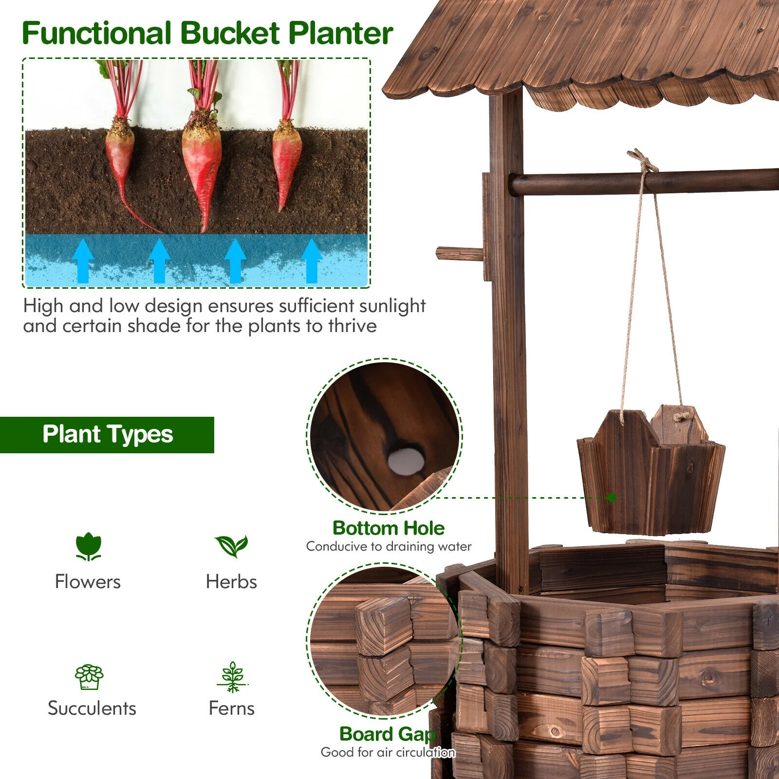 Outdoor Wooden Wishing Well Planter Bucket, Natural - Image 9