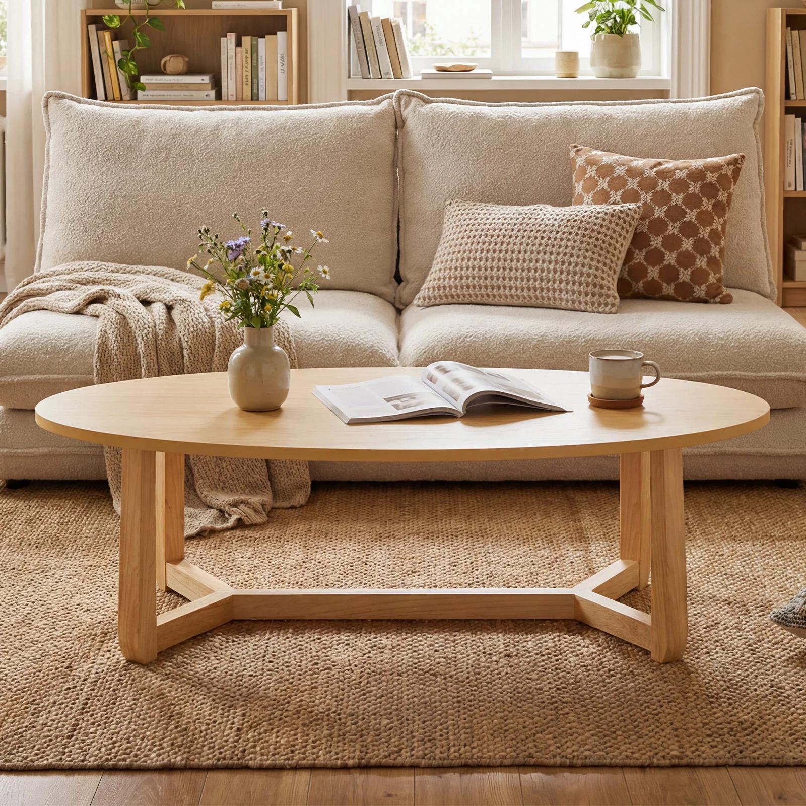 Oval Coffee Table 46 Inches, Natural Wooden Accent Table - Image 3