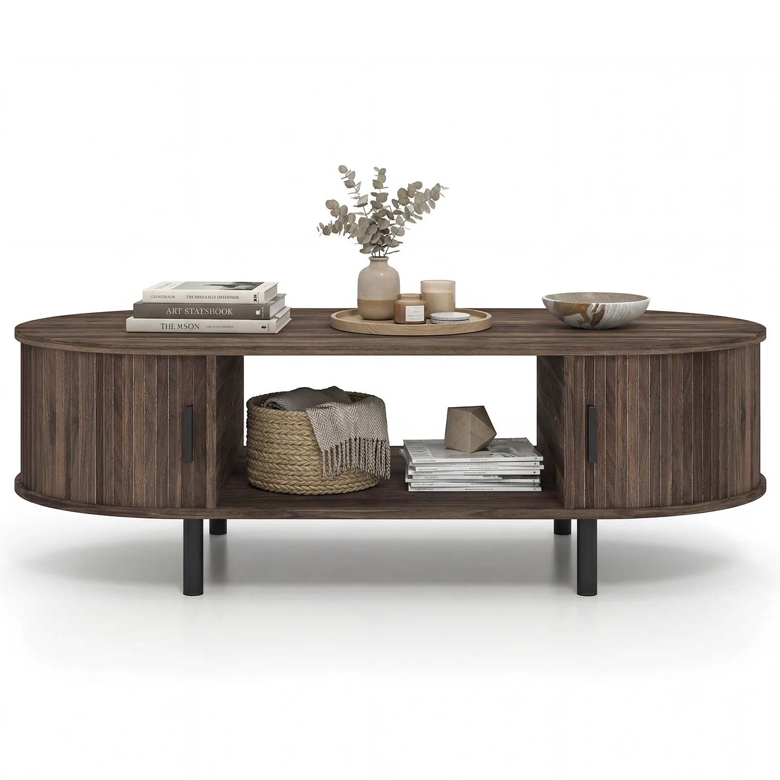 Oval Coffee Table, 47.5inch, Wooden Center Table With Storage, Walnut