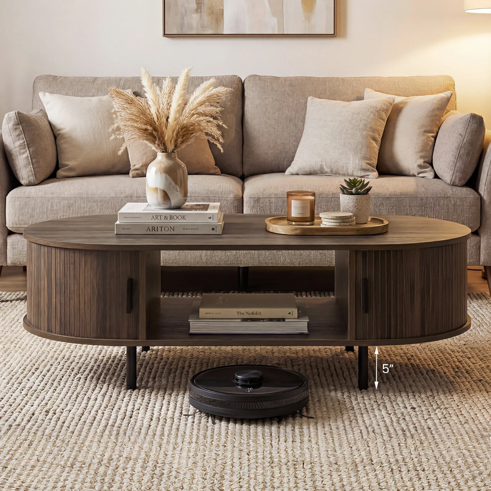 Oval Coffee Table, 47.5inch, Wooden Center Table With Storage, Walnut - Image 3