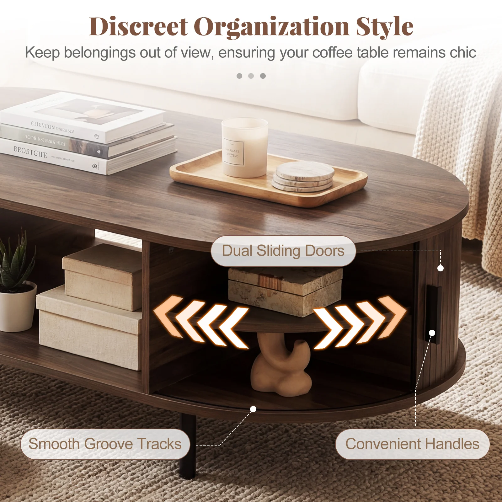 Oval Coffee Table, 47.5inch, Wooden Center Table With Storage, Walnut - Image 9