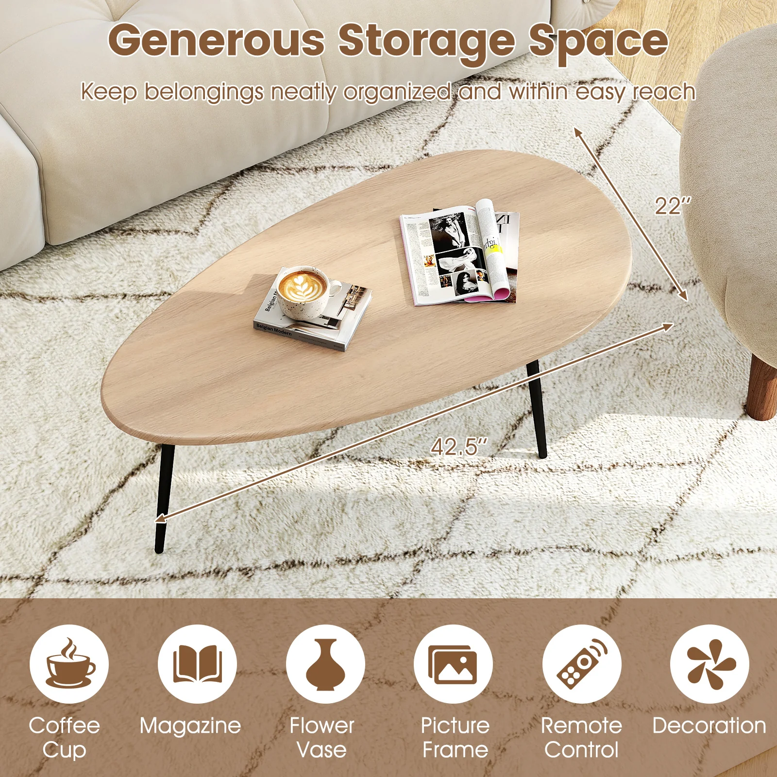 Oval Coffee Table, Mid Century Center Table, Natural - Image 8